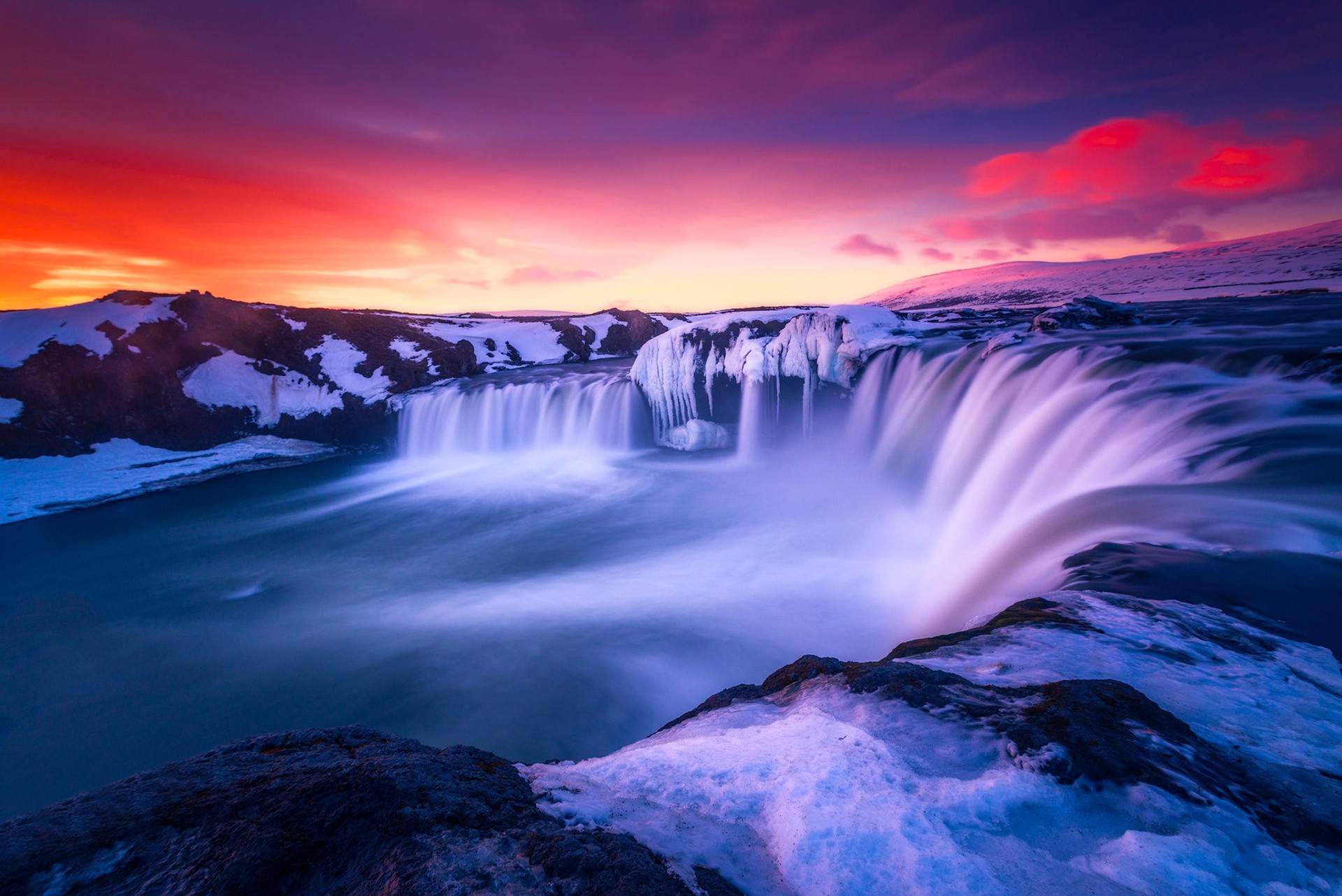 Waterfall in Iceland during sunset HD Wallpaper