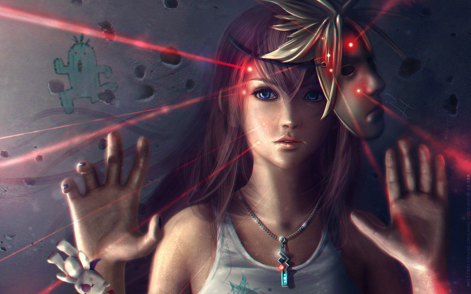 Girl with mask and red lasers HD Wallpaper