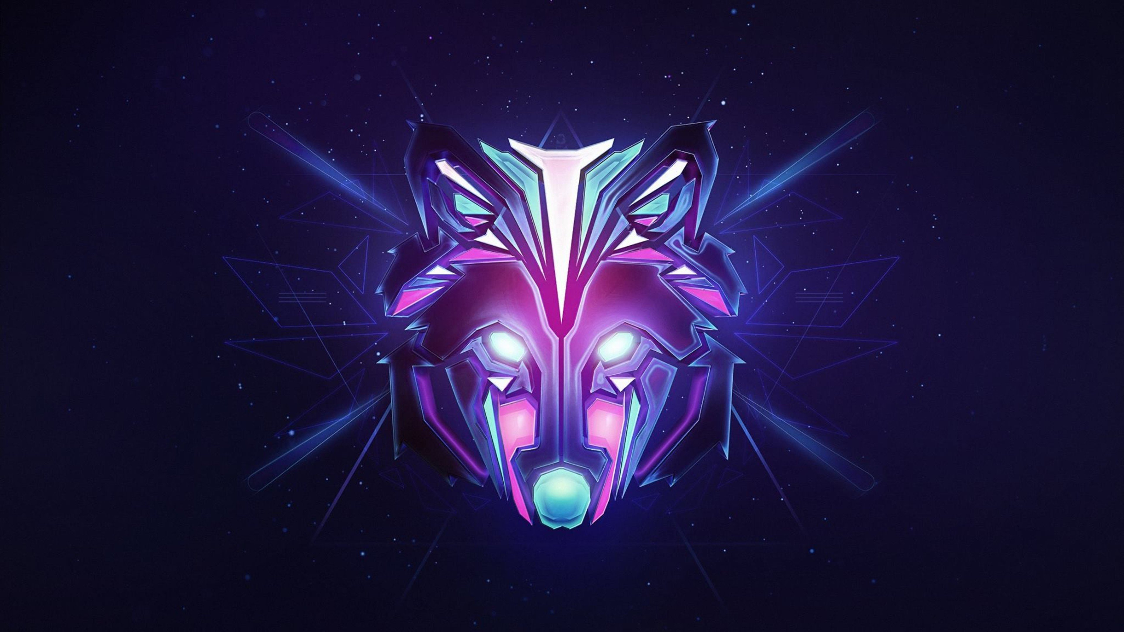 Abstract wolf head with neon lights and geometric patterns HD Wallpaper