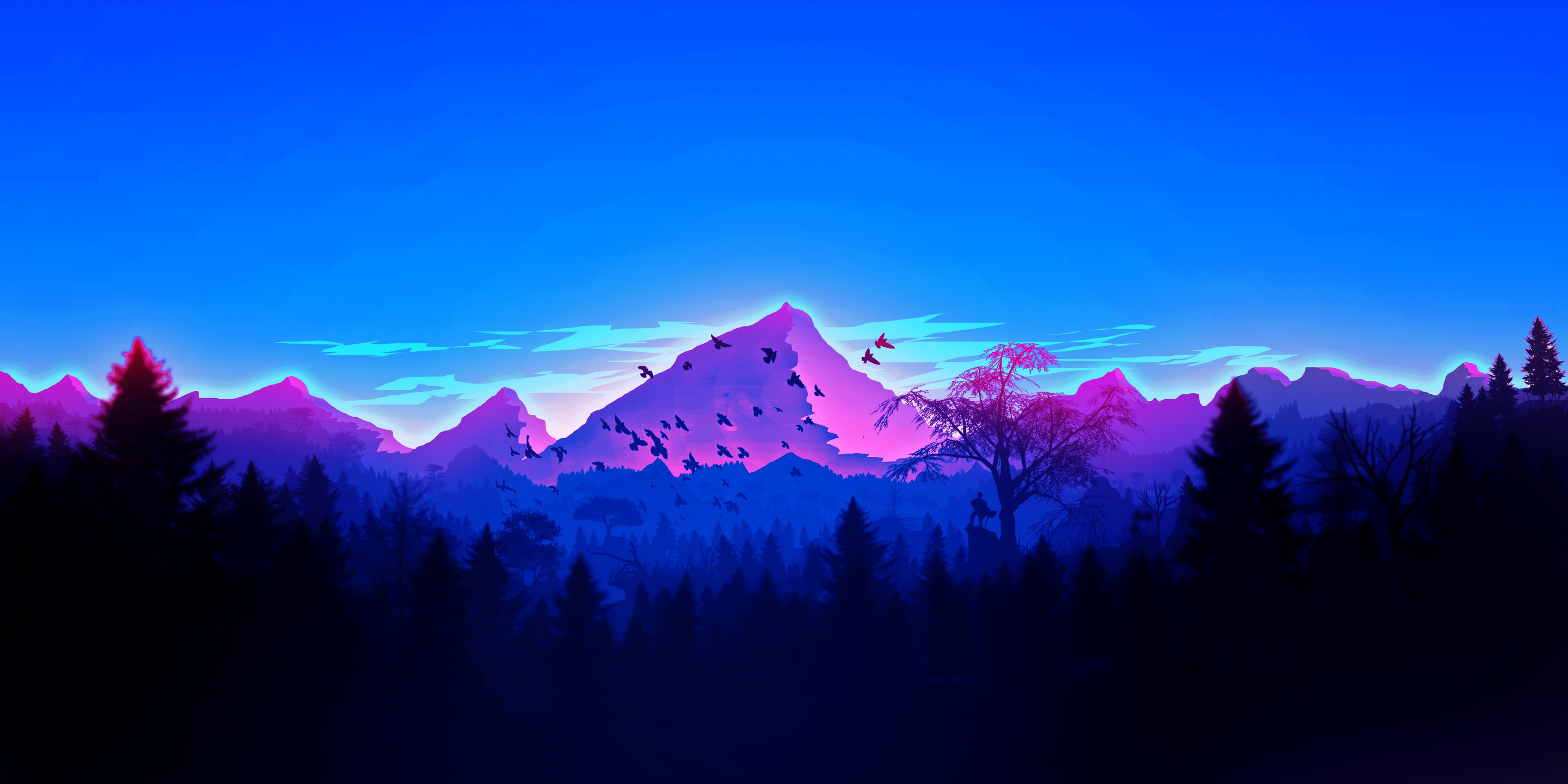 Minimalist digital art of birds flying over mountains HD Wallpaper