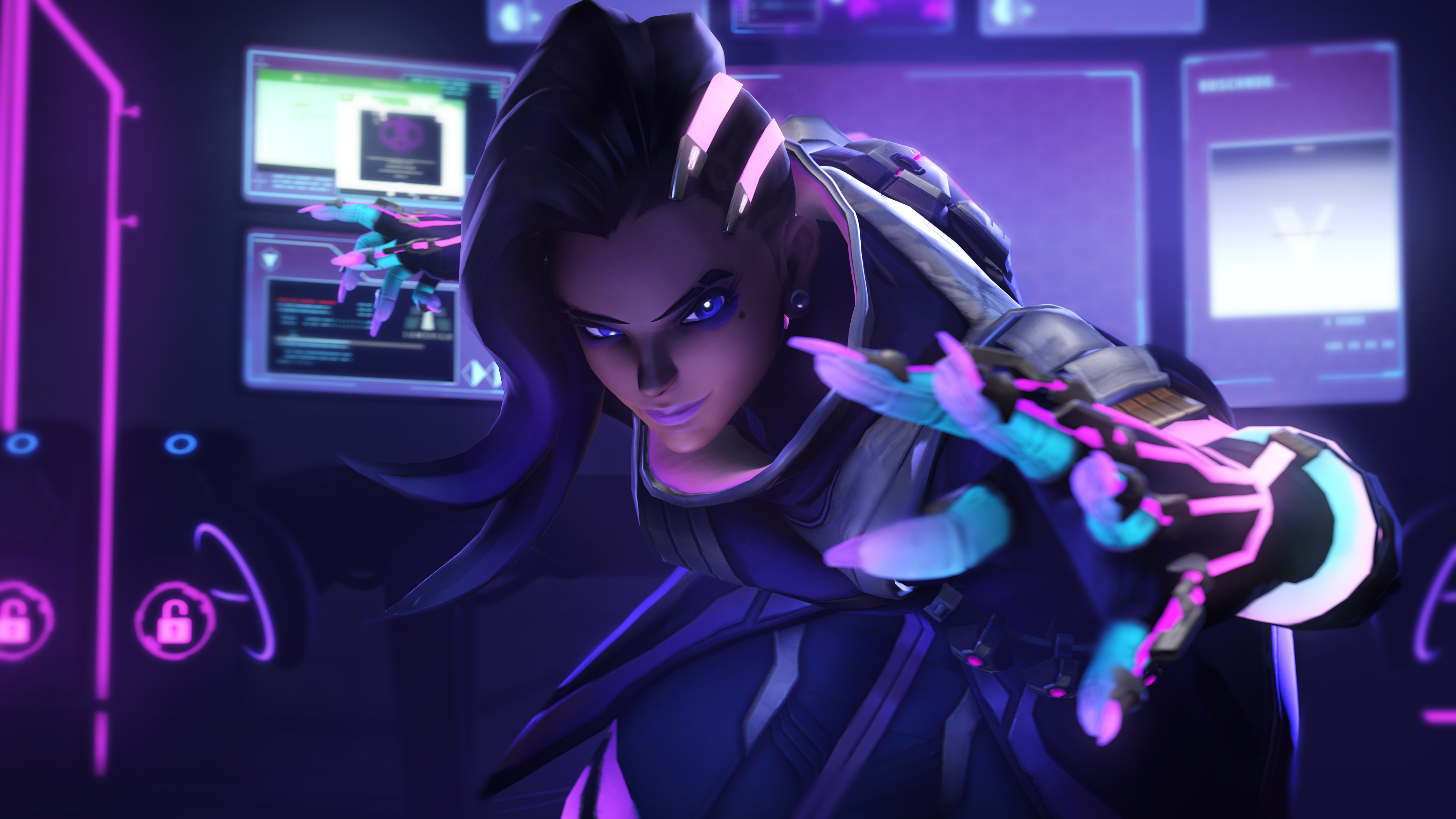 Sombra from Overwatch in a dark, futuristic room HD Wallpaper