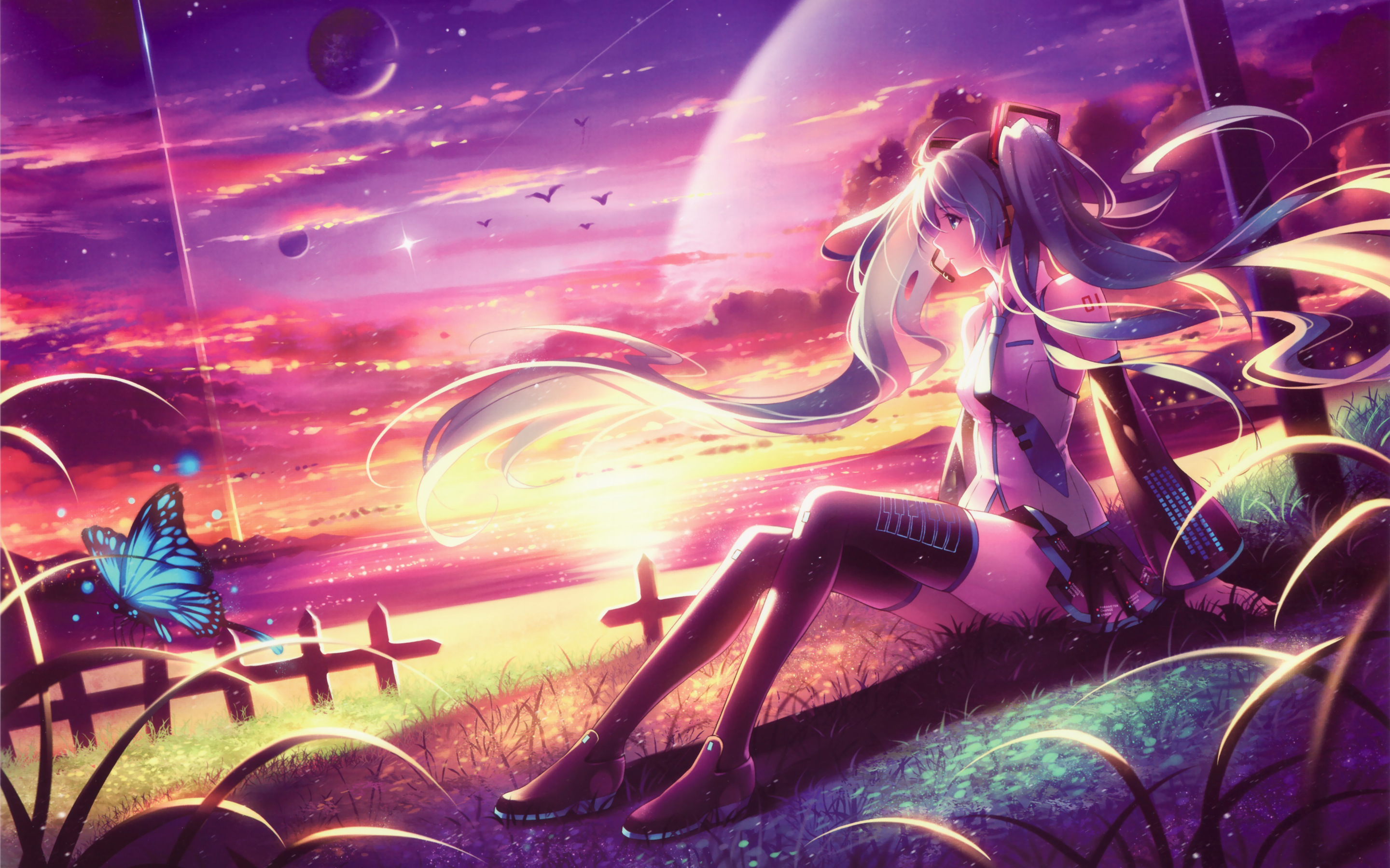 Hatsune Miku sitting by a fence with a butterfly HD Wallpaper