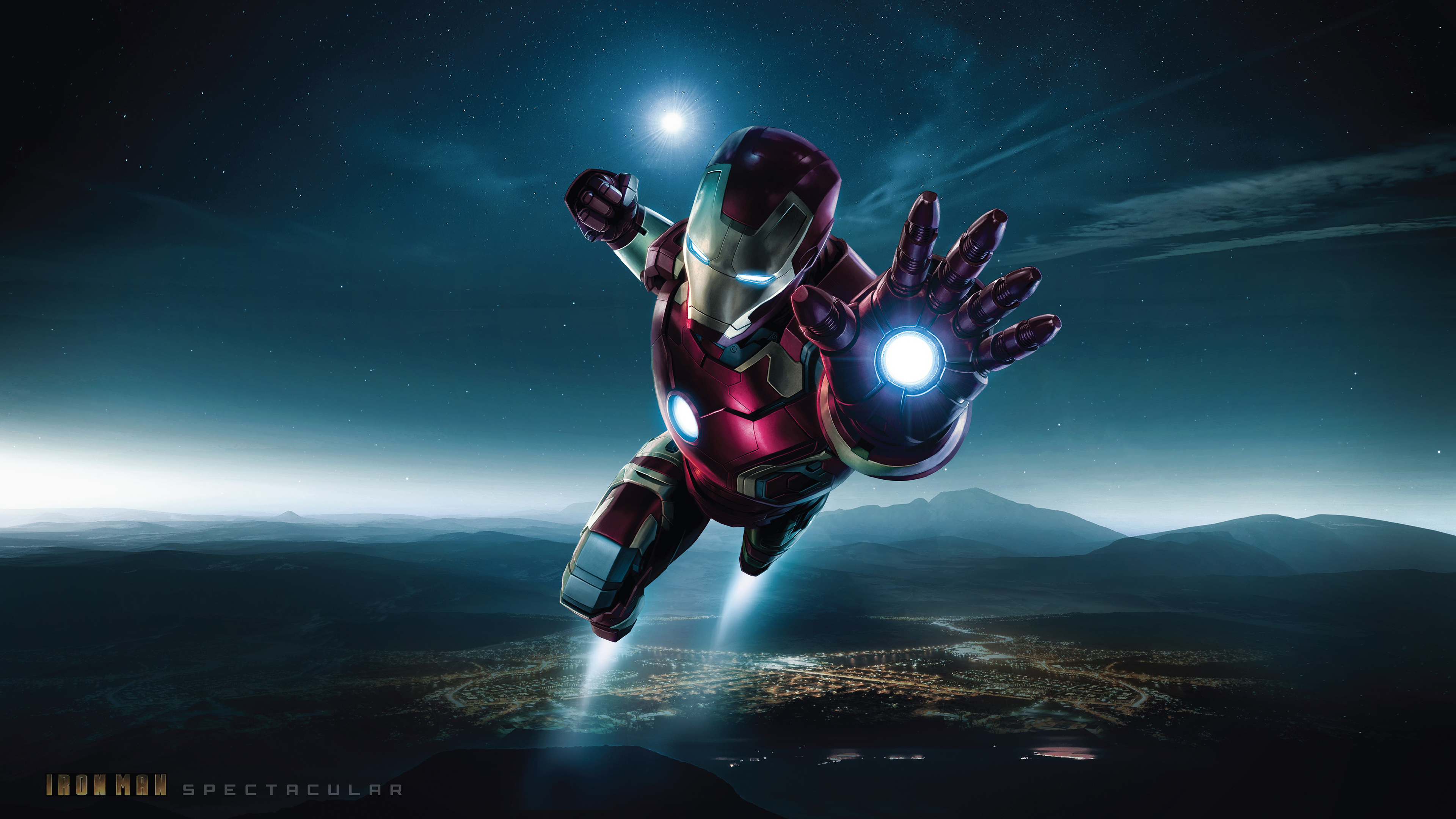 Iron Man flying over a city at night HD Wallpaper