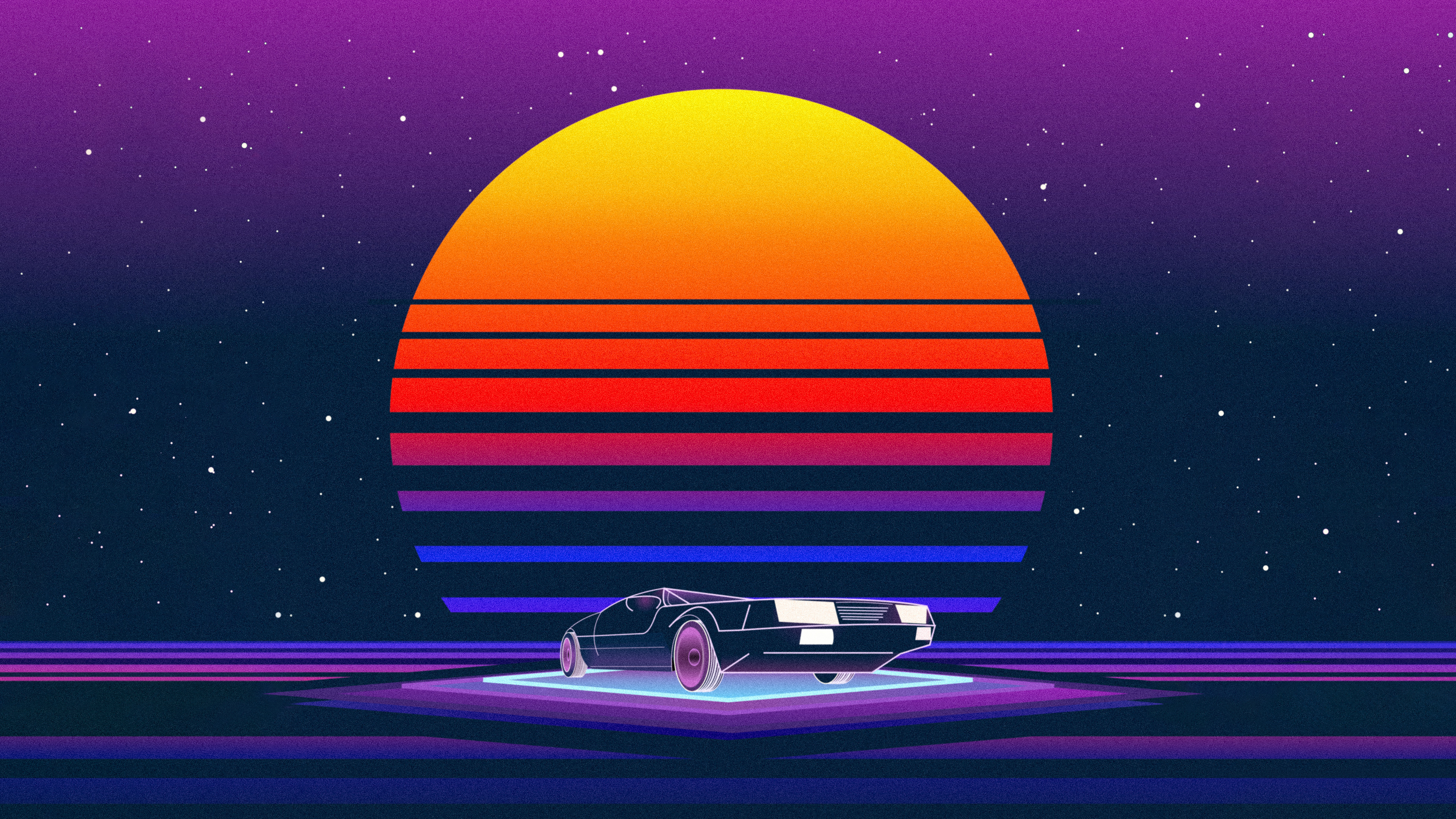 Synthwave Car at Neon Sunset in 4K HD Wallpaper