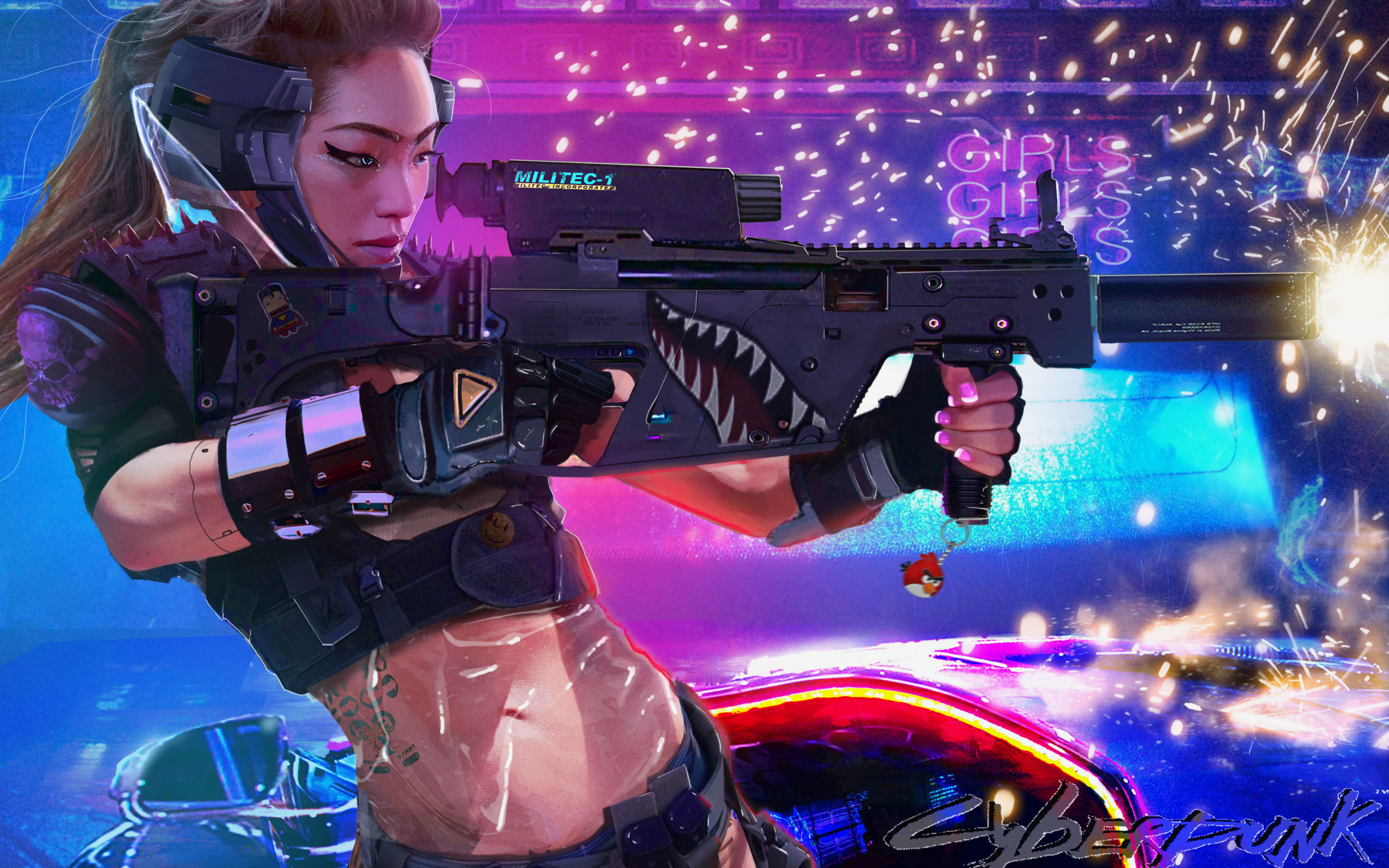 Cyberpunk 2077 Female Shooter in Neon City 4K HD Wallpaper