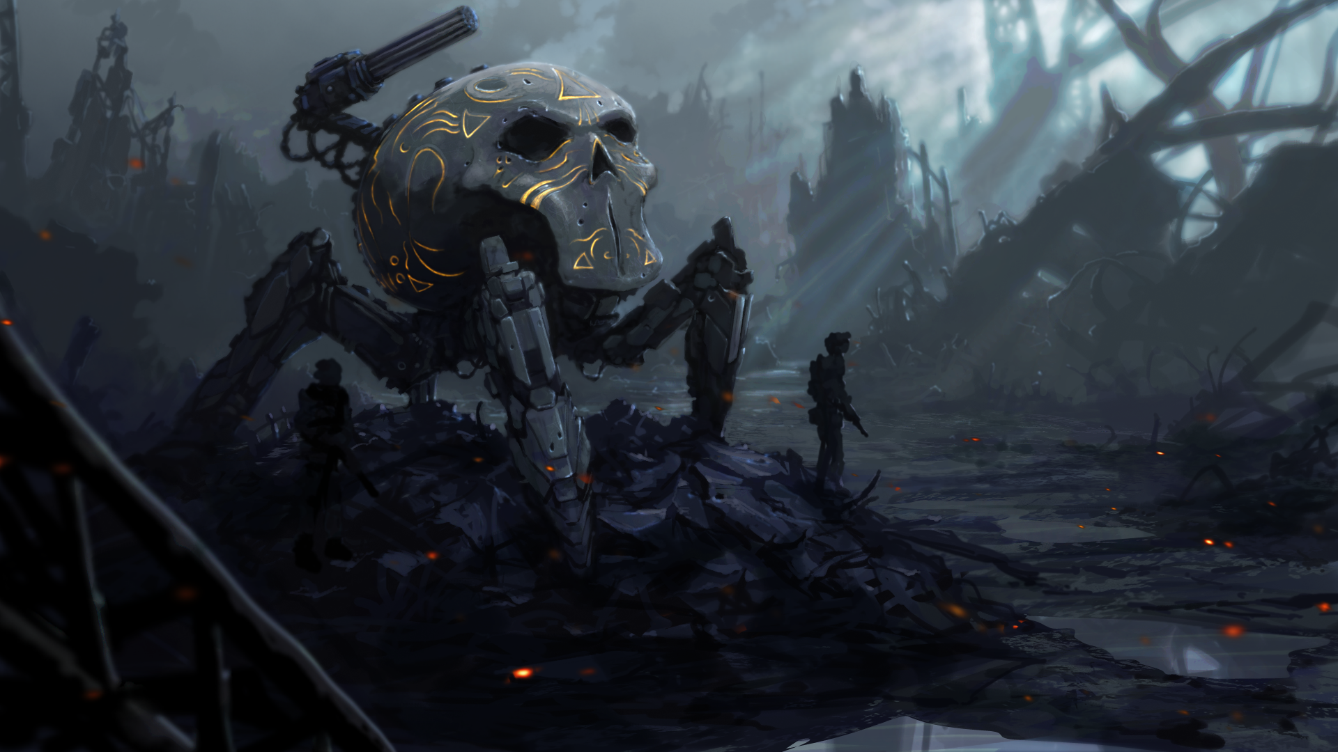 Giant skull robot in post-apocalyptic wasteland with soldiers HD Wallpaper