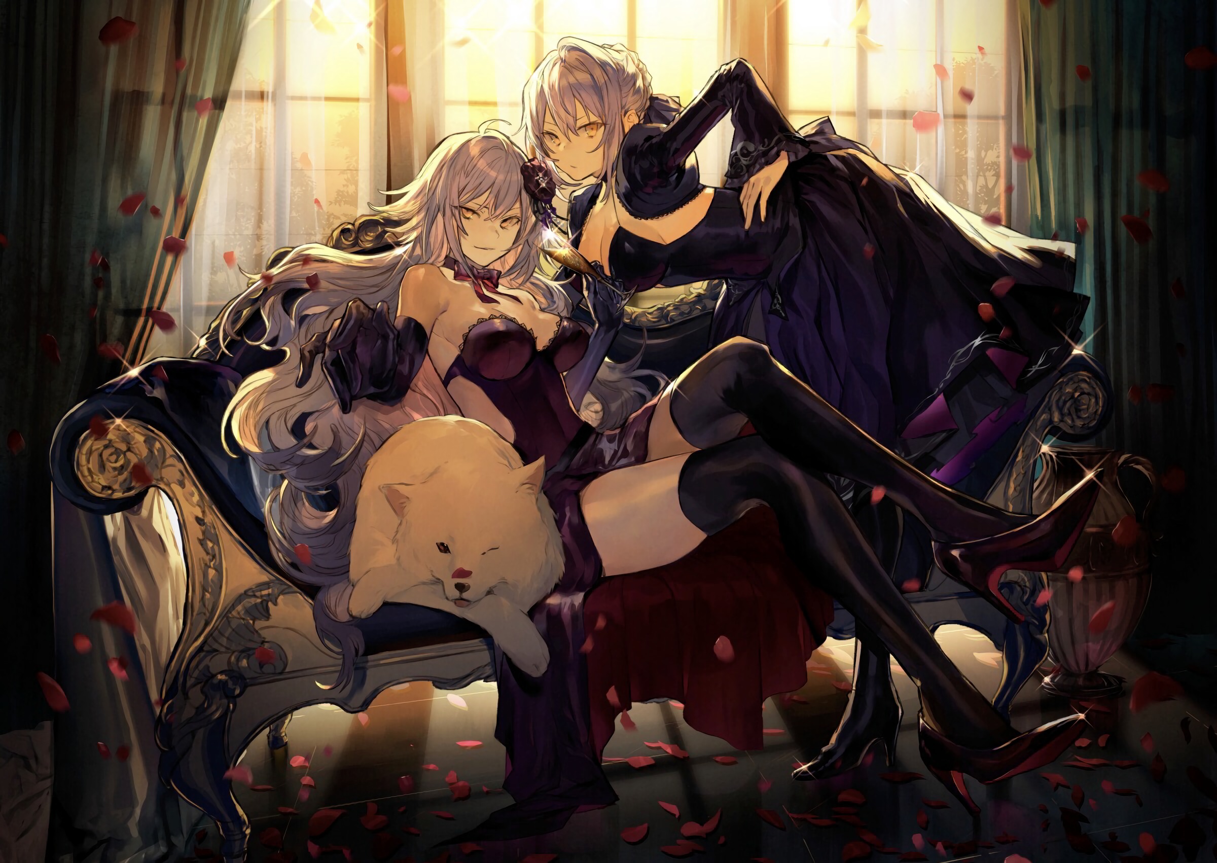 Artoria Pendragon and Jeanne d'Arc Alter with a dog HD Wallpaper