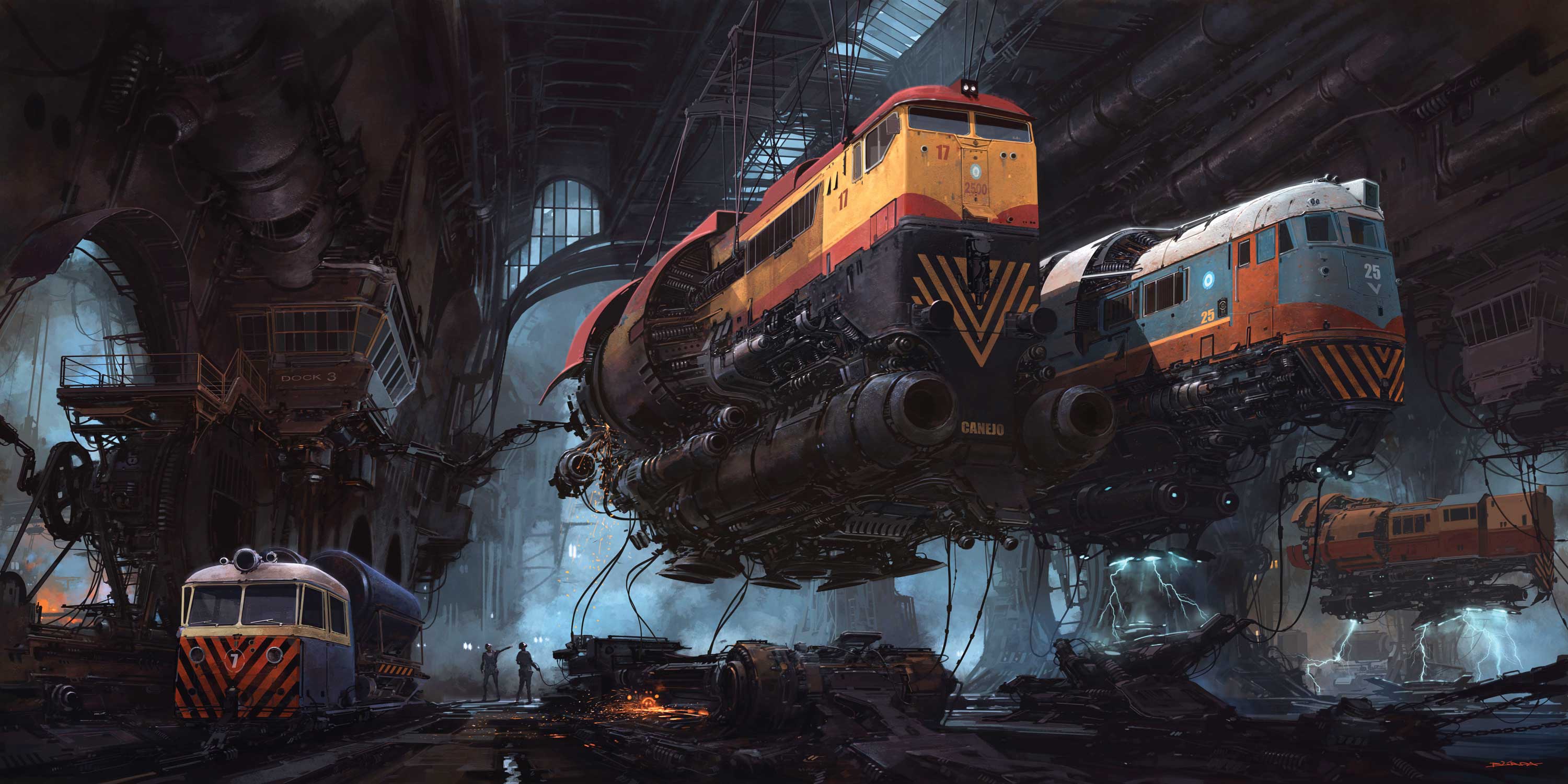 Cyberpunk trains in a futuristic workshop HD Wallpaper