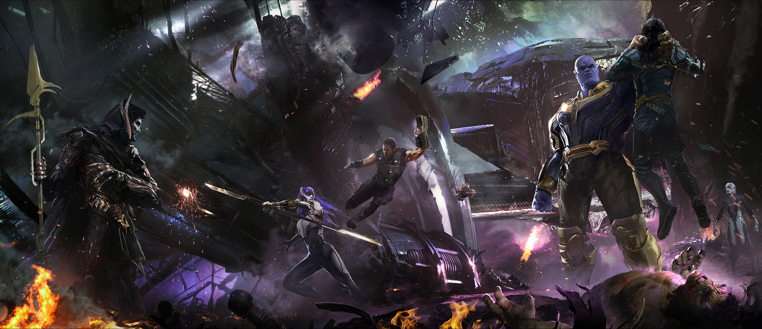 Thanos fighting Thor, Loki, and Hulk HD Wallpaper