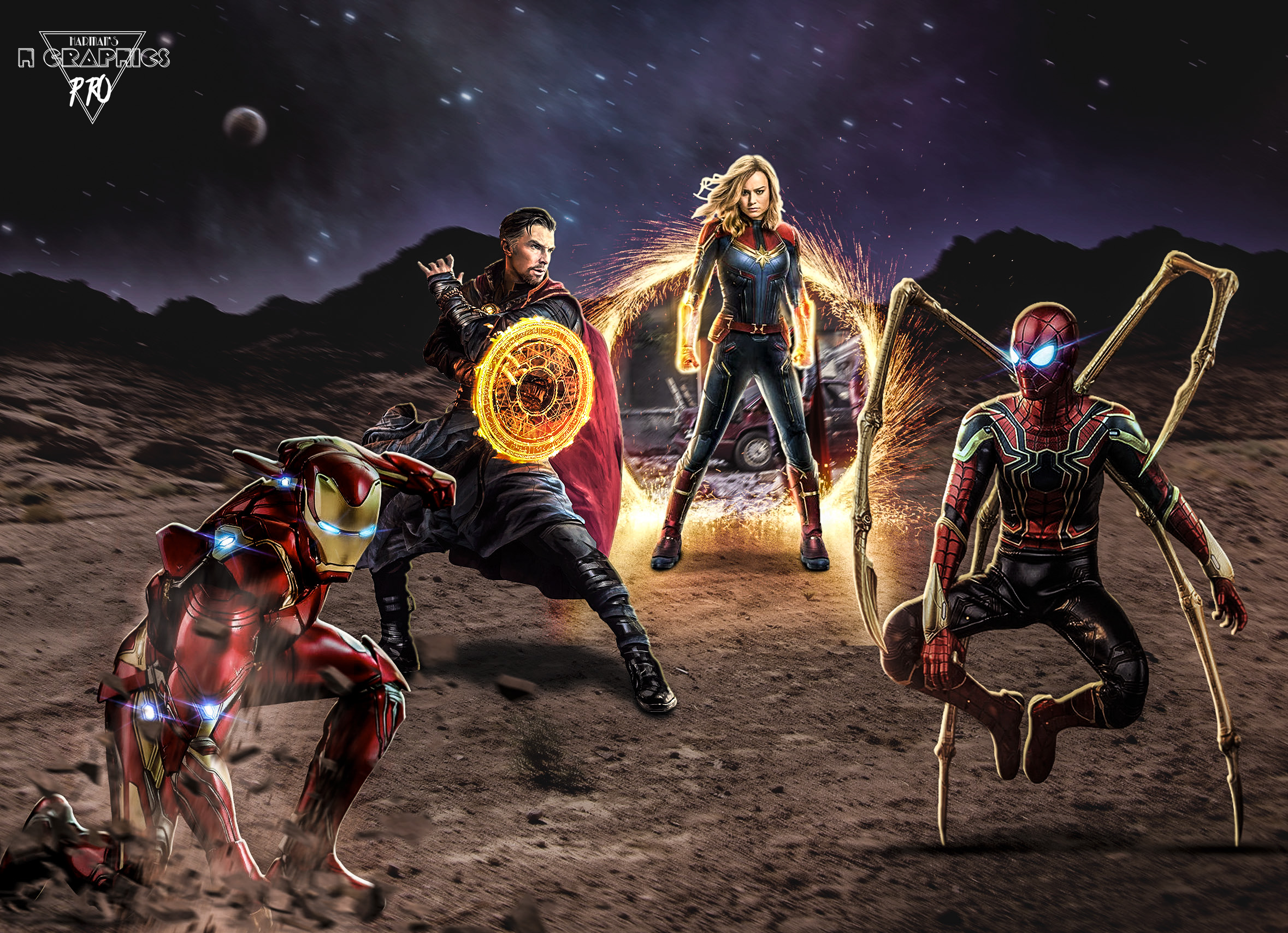 Iron Man, Spider-Man, Captain Marvel, Doctor Strange in space HD Wallpaper