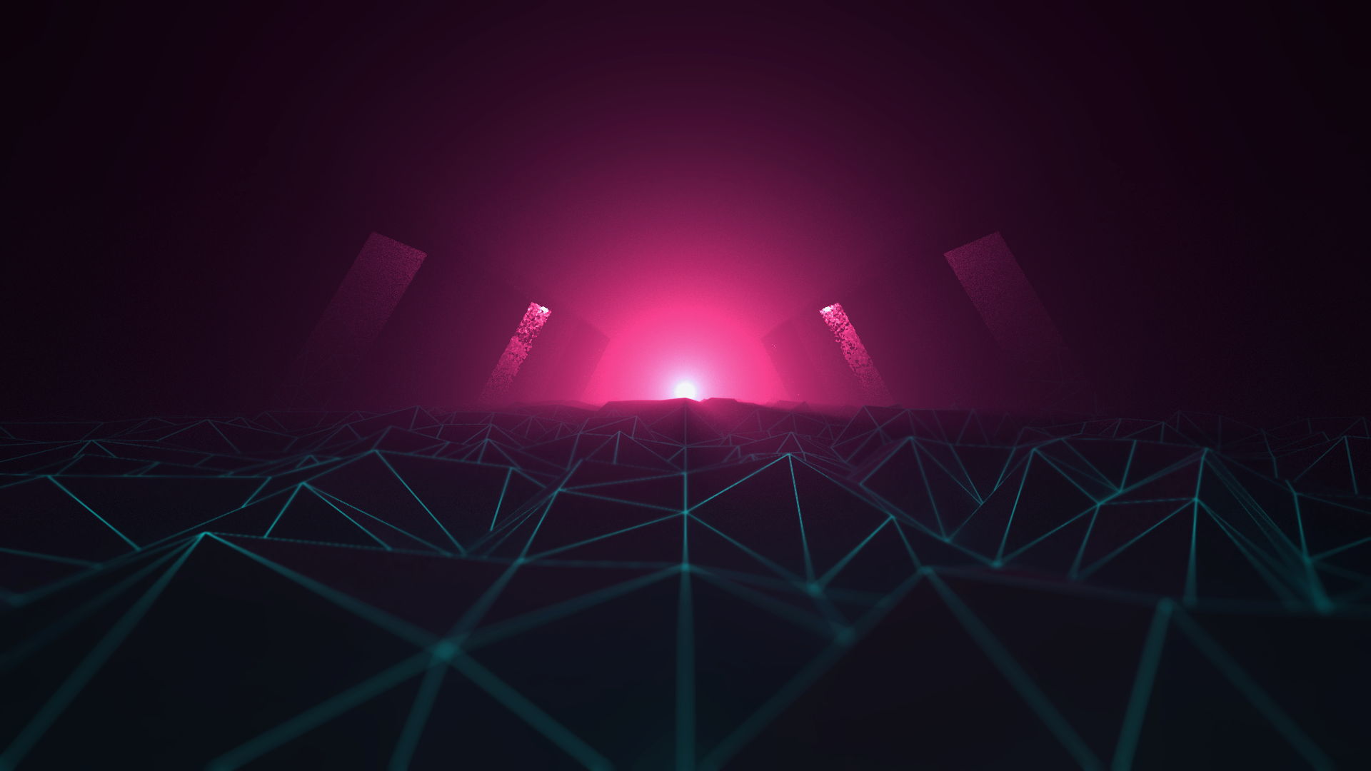 Cyberpunk Neon Landscape with Glowing Pillars HD Wallpaper