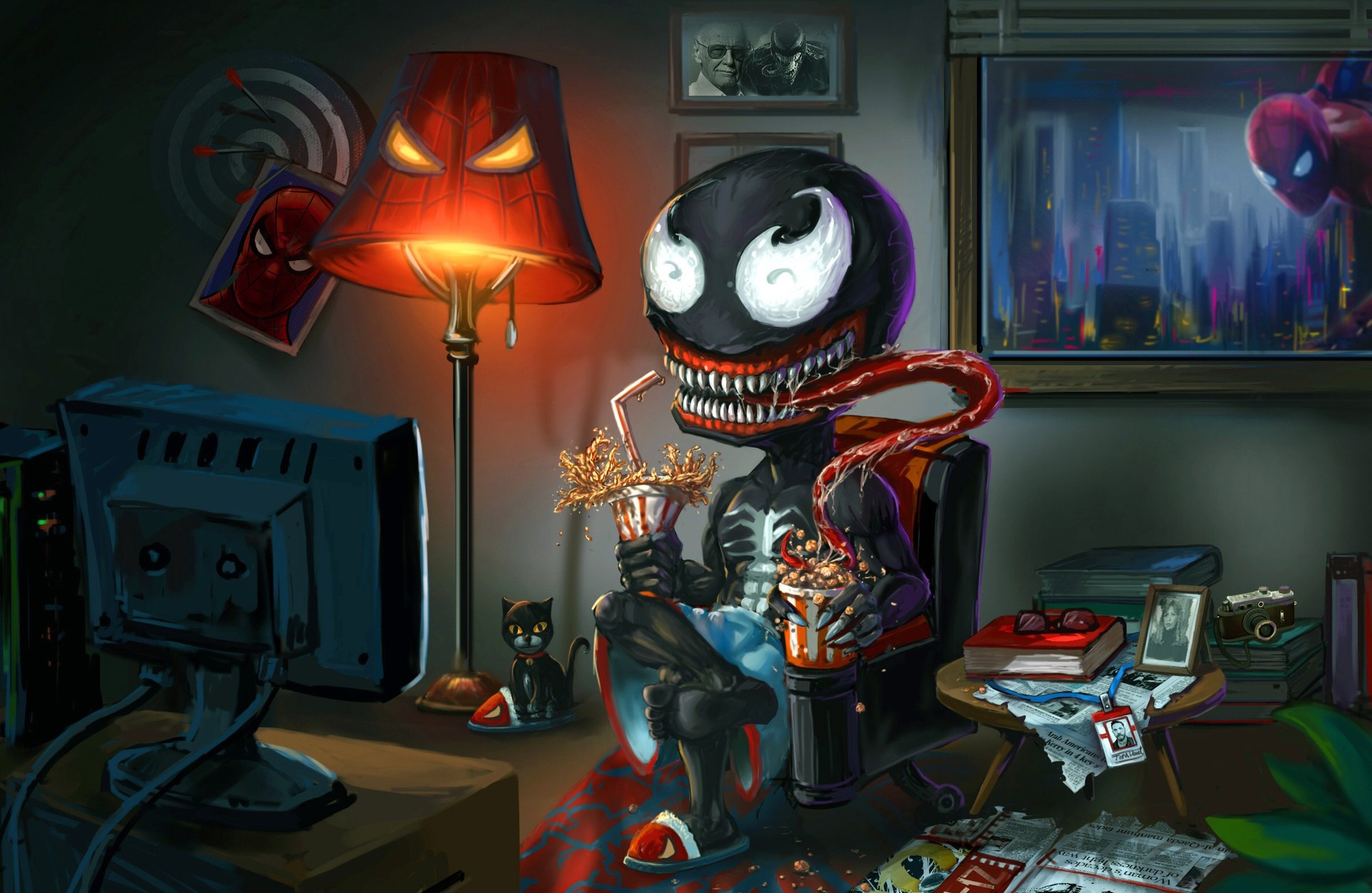 Venom eating popcorn and drinking soda in front of TV HD Wallpaper