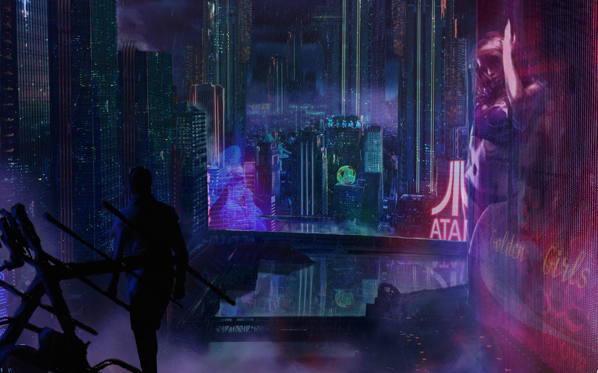 Cyberpunk cityscape with a lone figure and neon signs HD Wallpaper