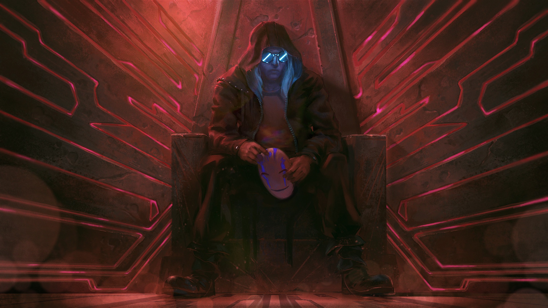 Cyberpunk character with mask on throne HD Wallpaper