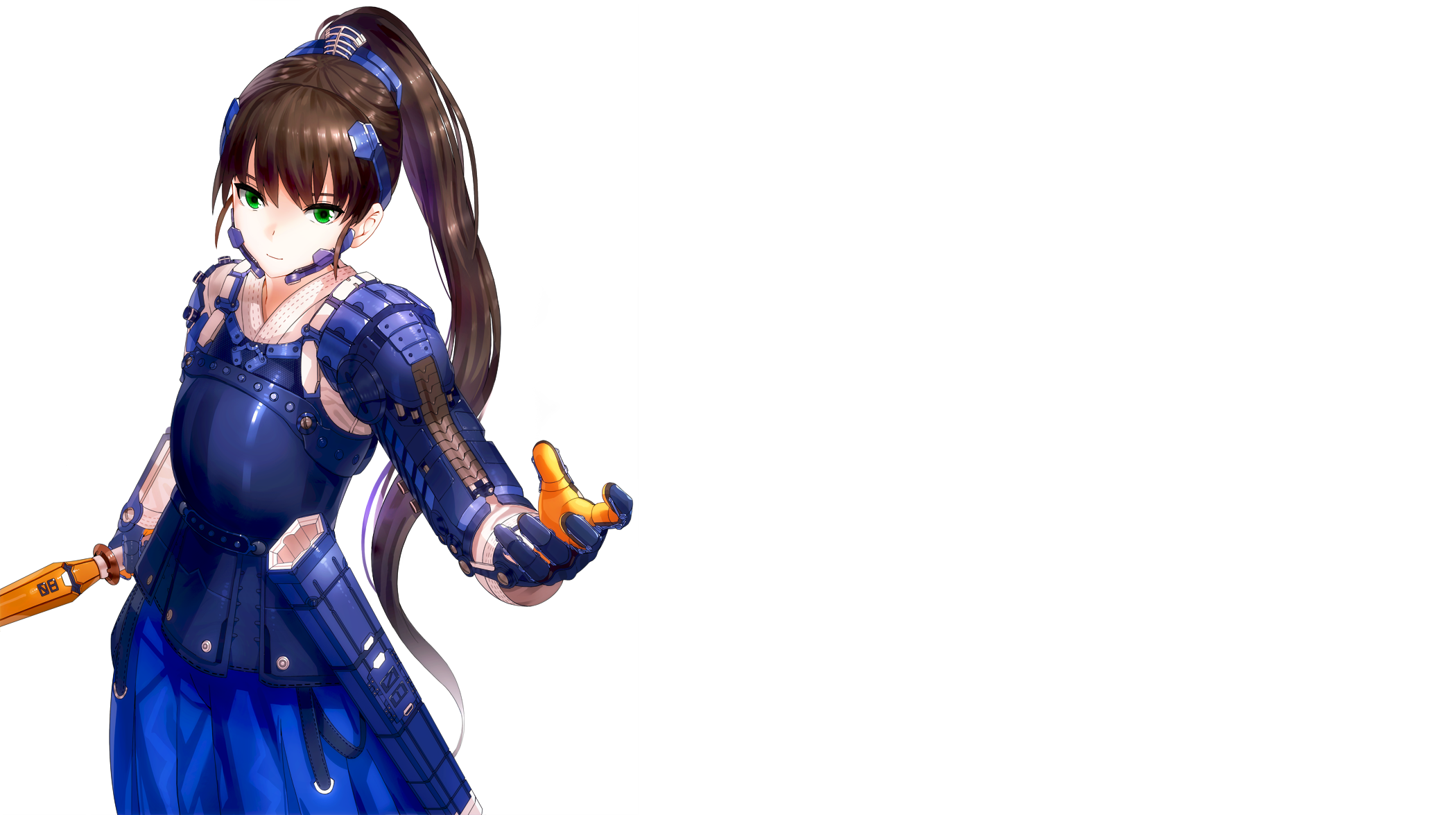 Anime girl with brown hair and green eyes in blue armor HD Wallpaper
