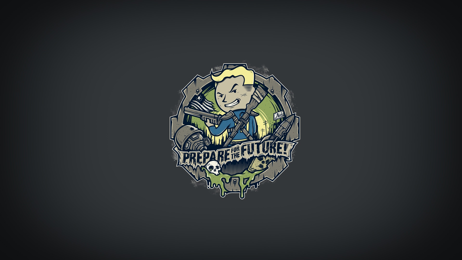 Vault Boy from Fallout holding weapons and a flag HD Wallpaper