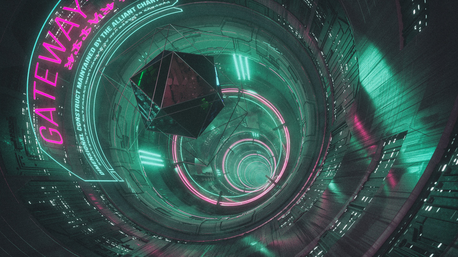 Futuristic Gateway Tunnel with Geometric Object HD Wallpaper