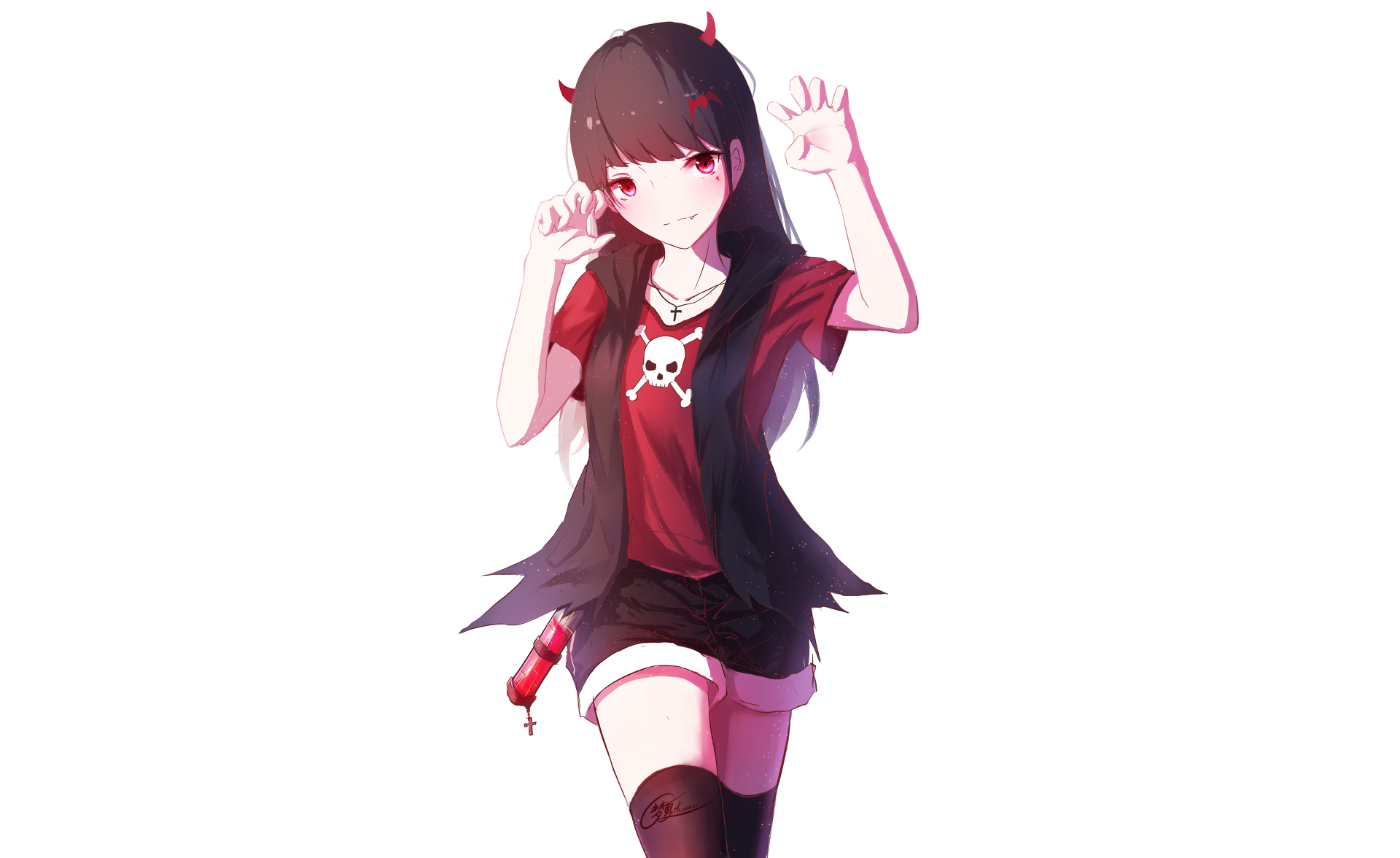 Anime girl with red eyes and devil horns HD Wallpaper
