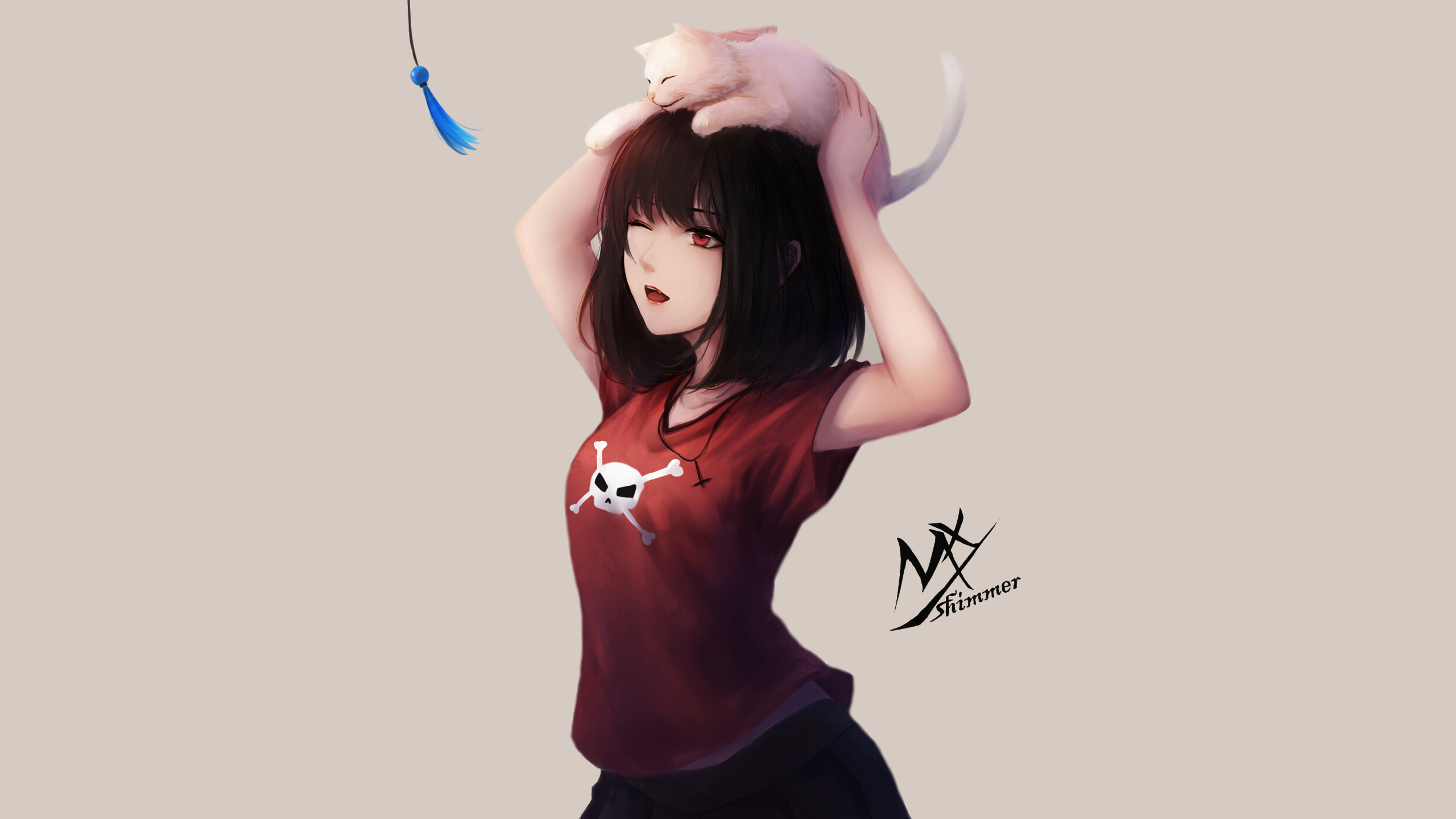 Anime Girl with Black Hair and White Cat HD Wallpaper