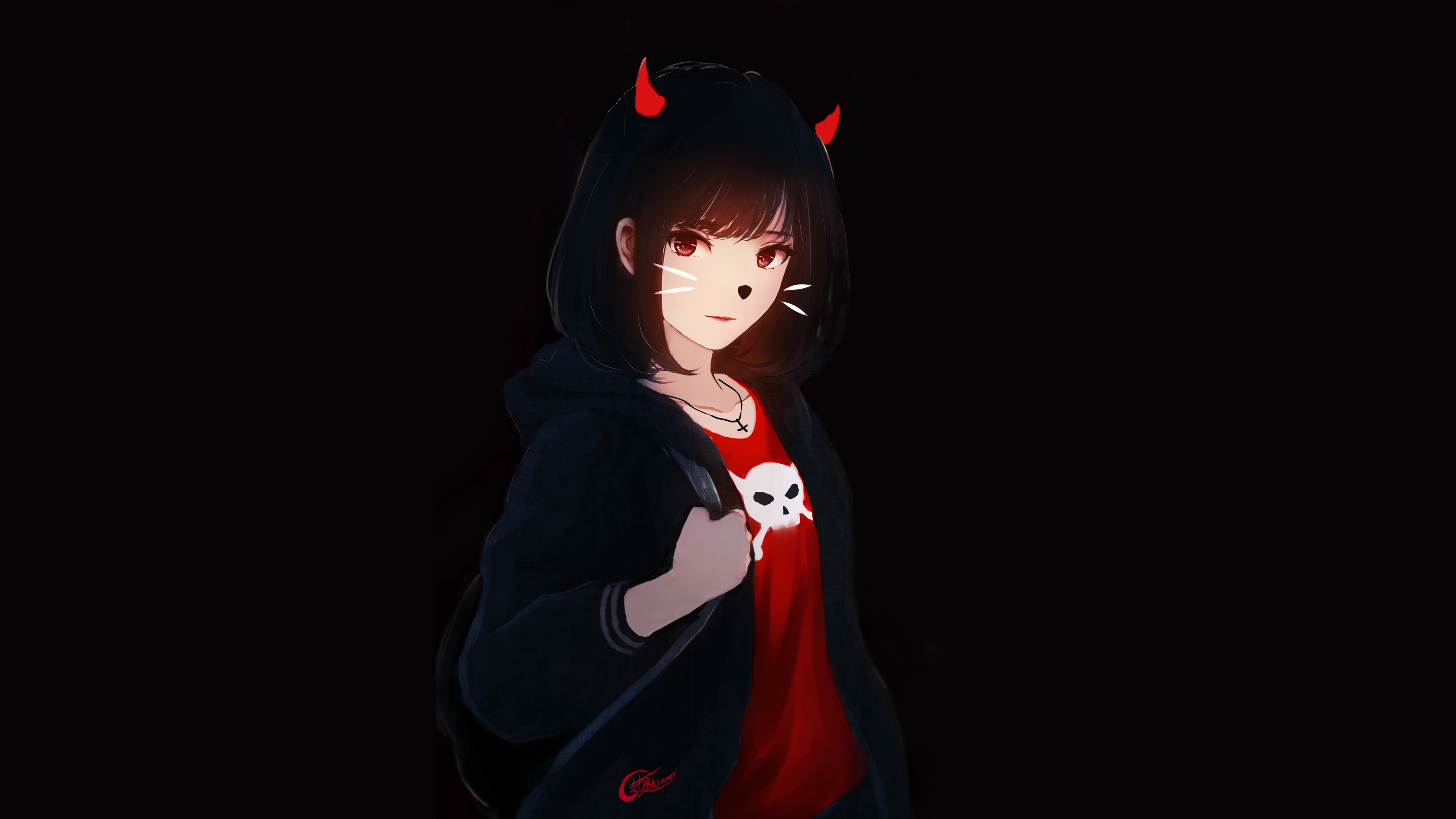 Anime Girl with Red Horns and Black Hair HD Wallpaper