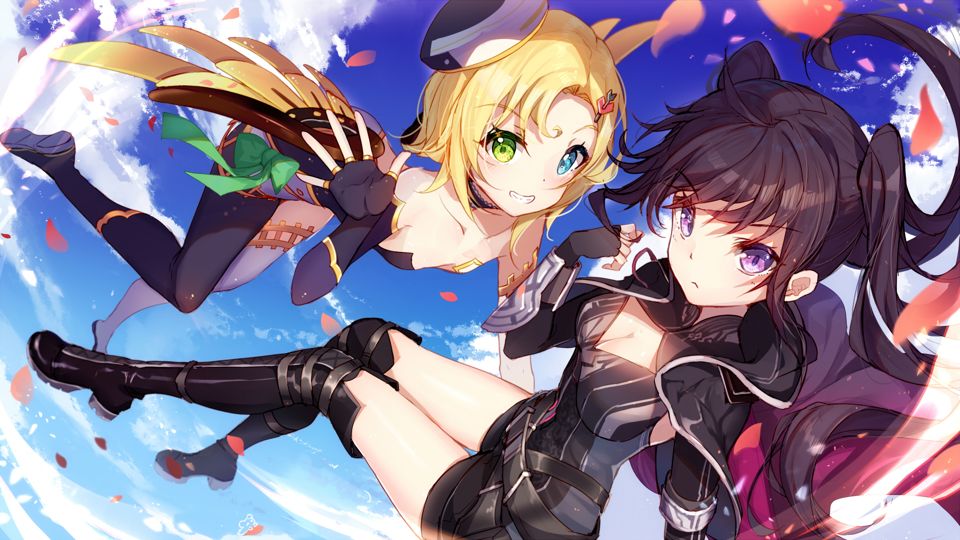 Two anime girls with heterochromia flying HD Wallpaper