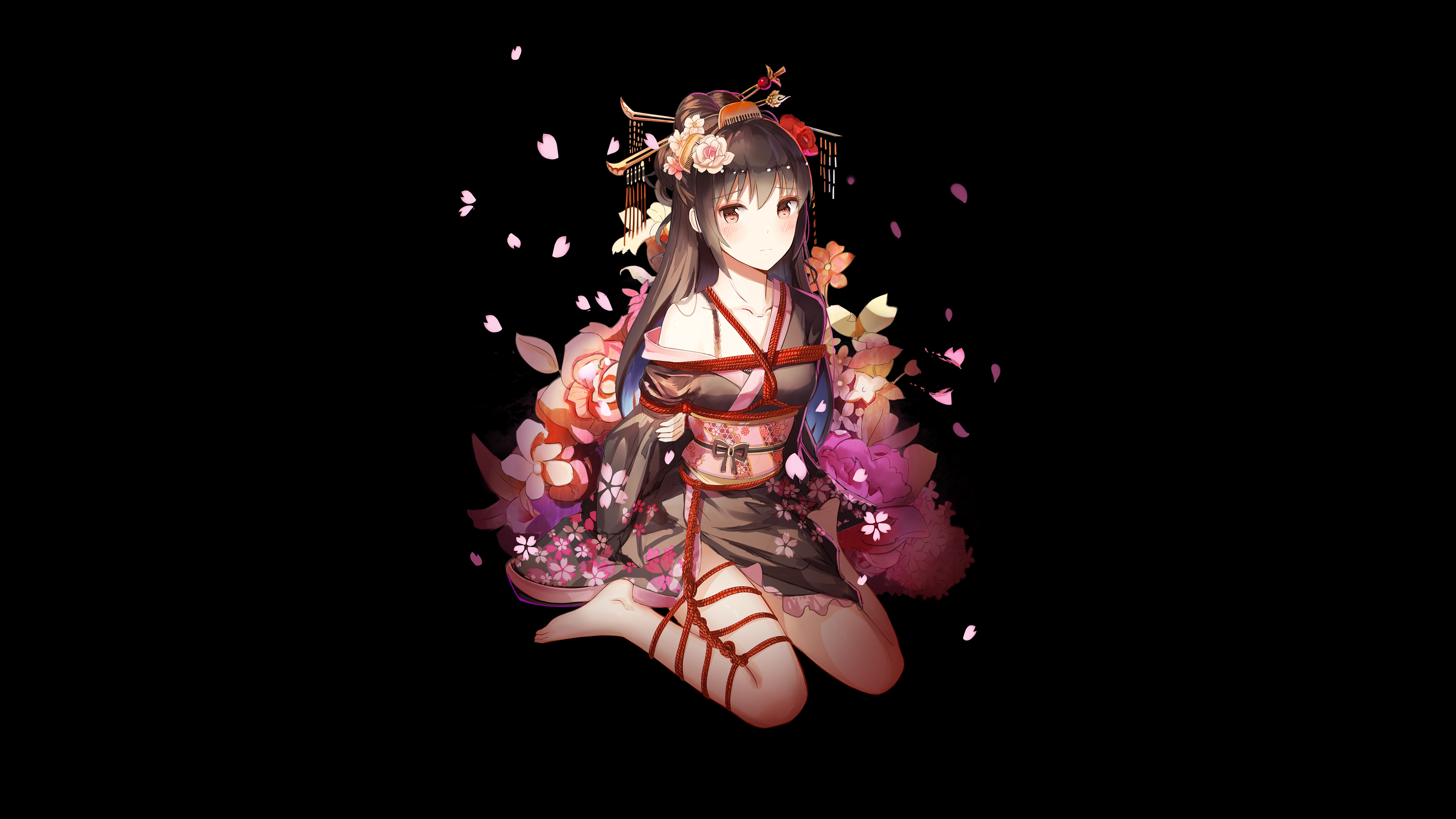Anime girl in kimono with flowers 4K HD Wallpaper