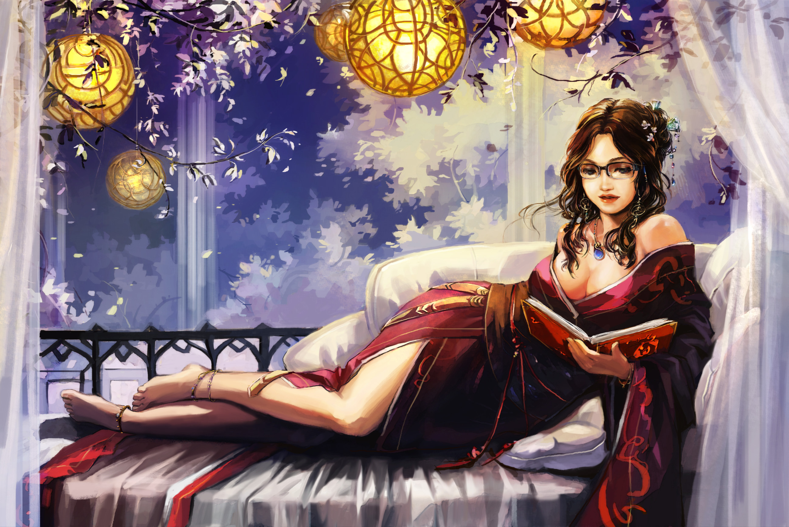 Anime girl with glasses reading a book on a balcony HD Wallpaper