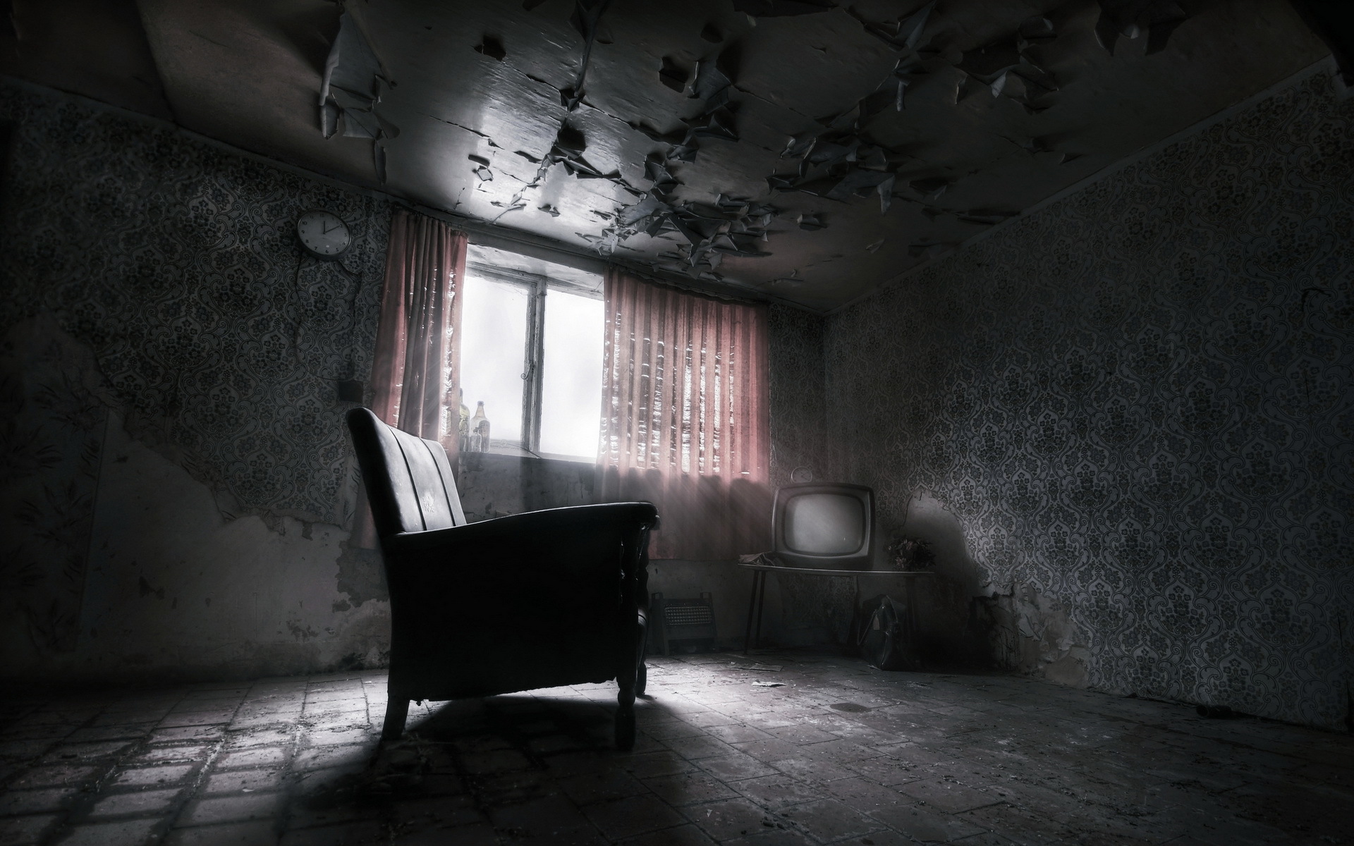 Abandoned room with armchair and television HD Wallpaper