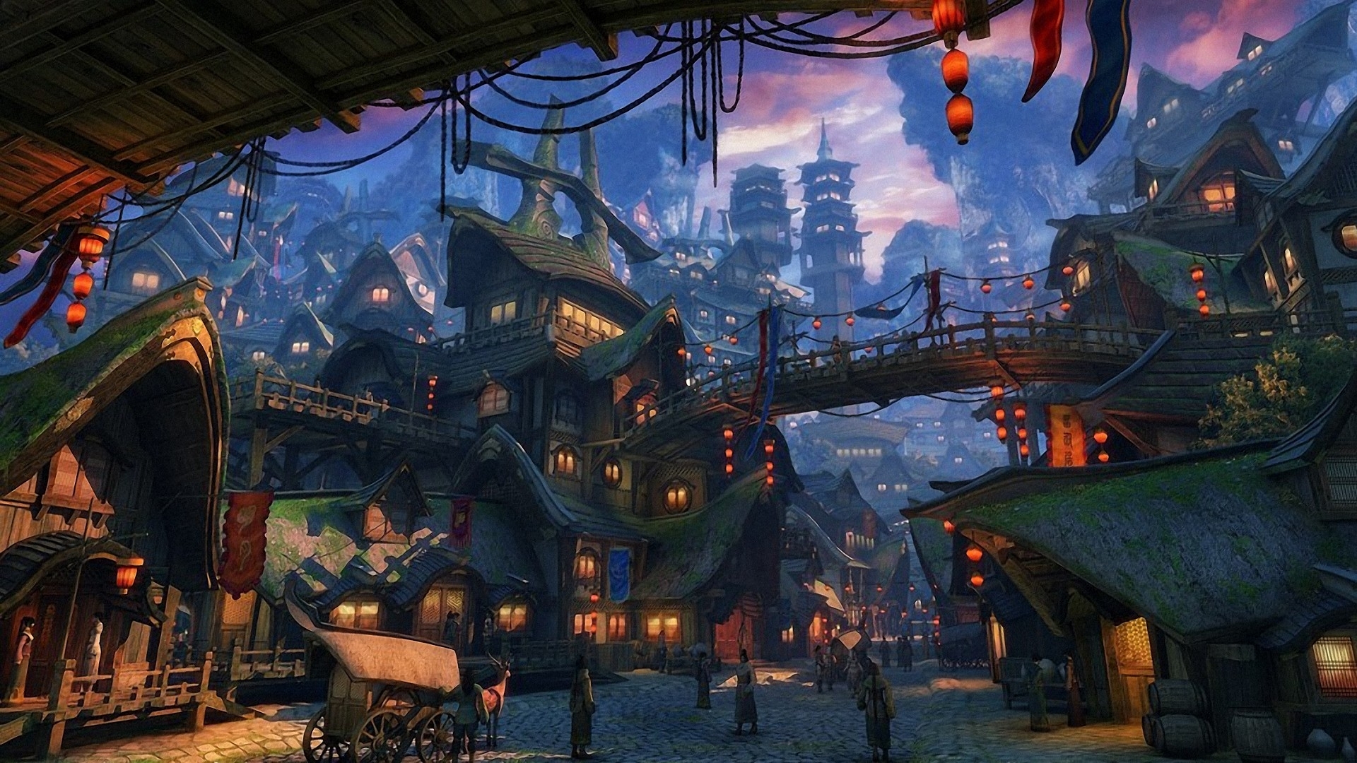 Fantasy Asian town with lanterns and bridges HD Wallpaper