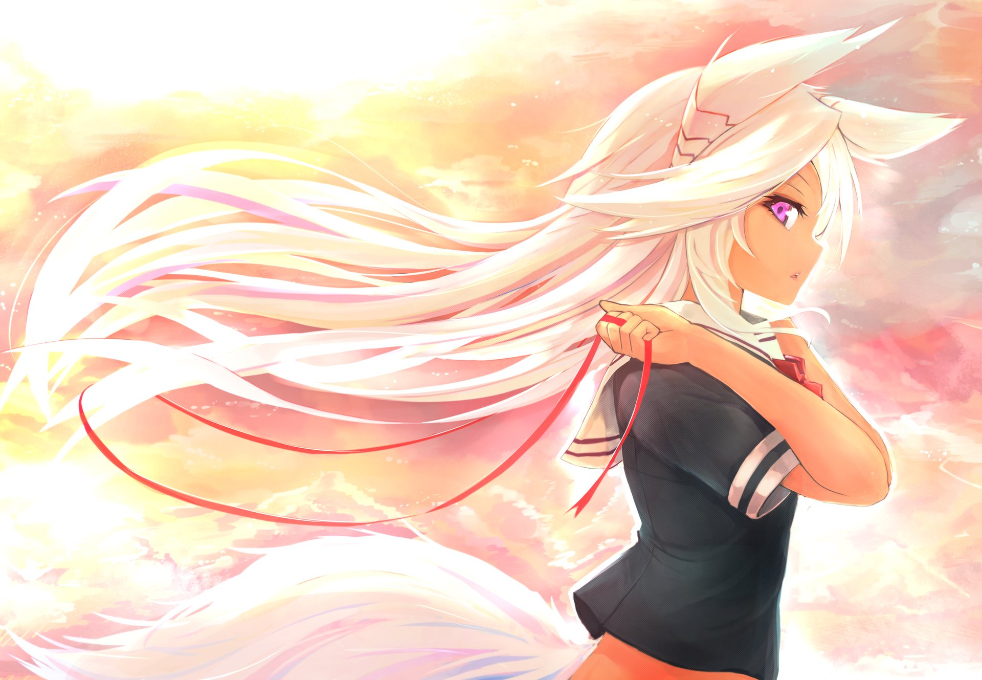 Wolf girl with white hair and pink eyes holding red ribbons HD Wallpaper