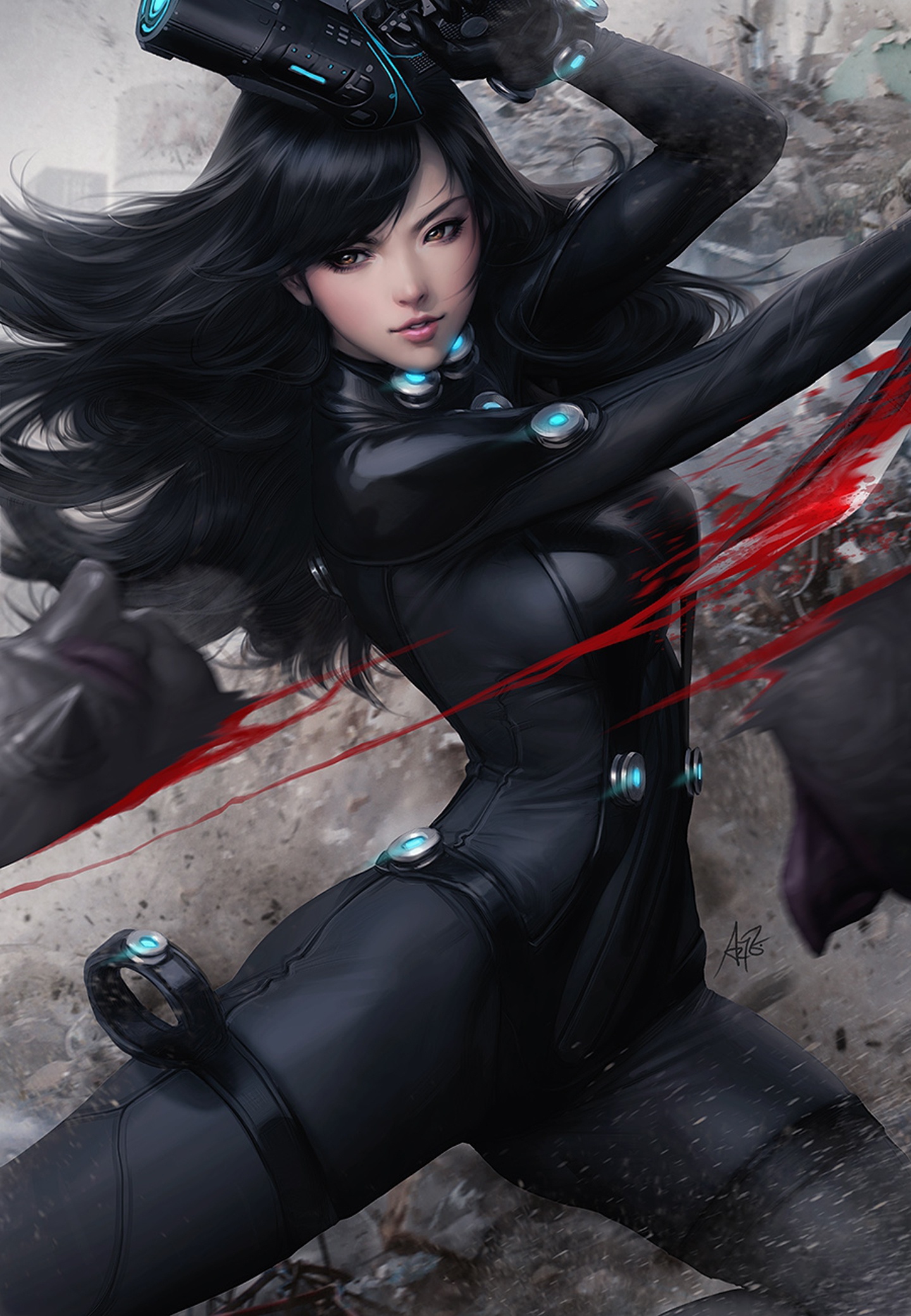 Woman in futuristic suit with gun and sword HD Wallpaper