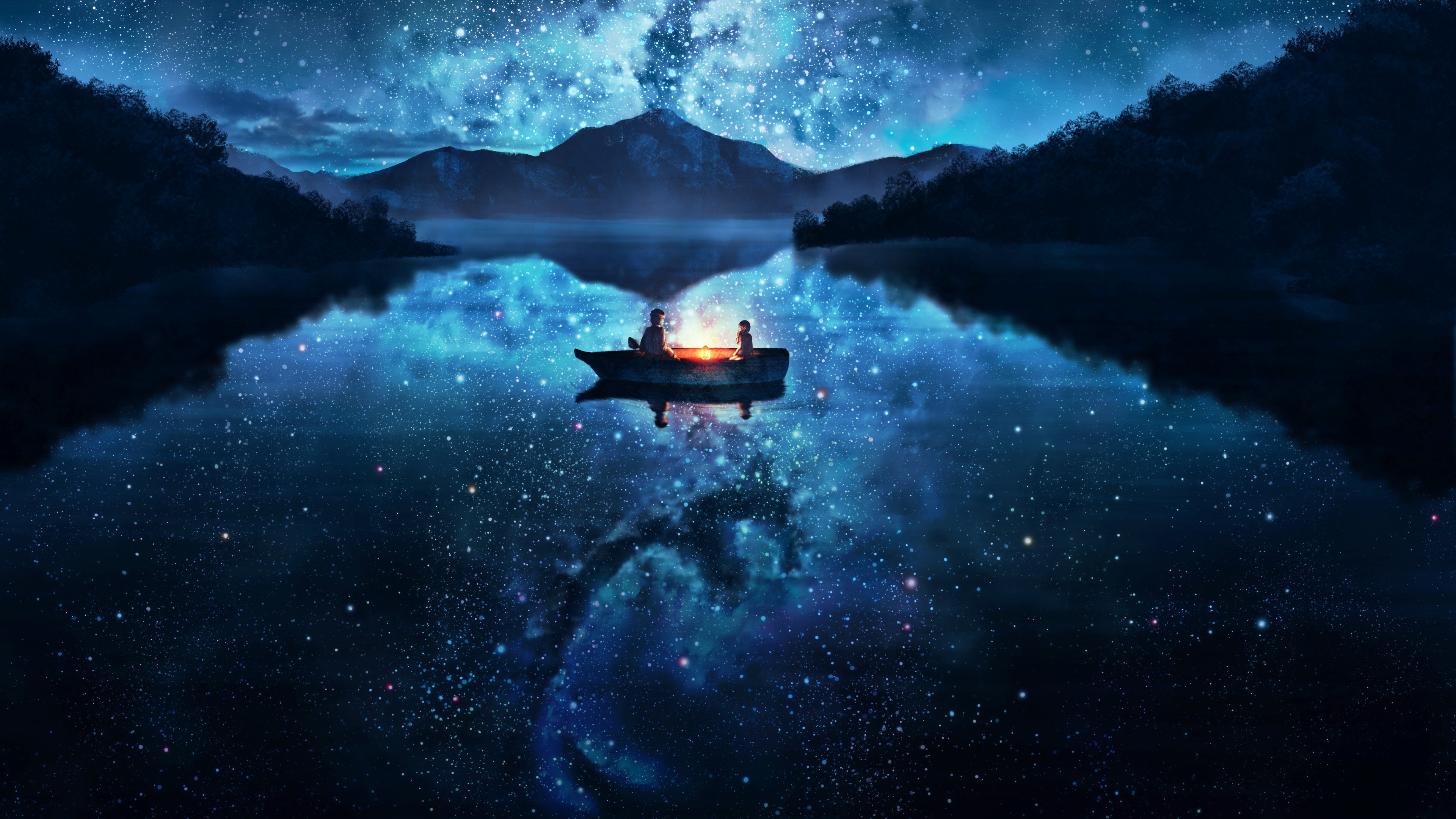 Two figures in a boat on a starry lake HD Wallpaper