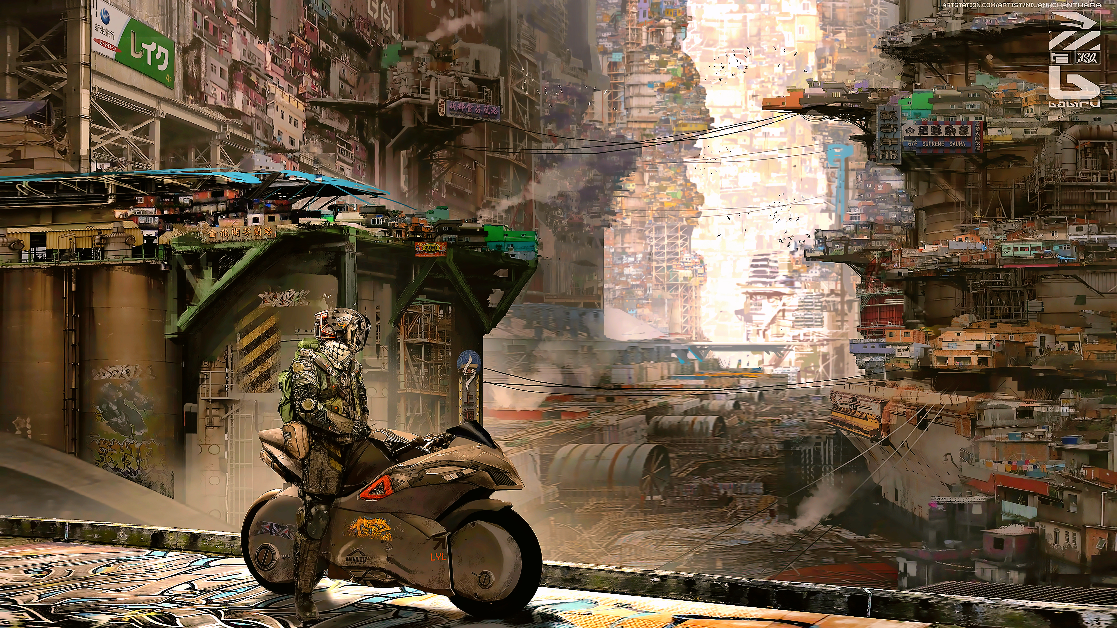 Cyberpunk city with a person on a motorcycle HD Wallpaper