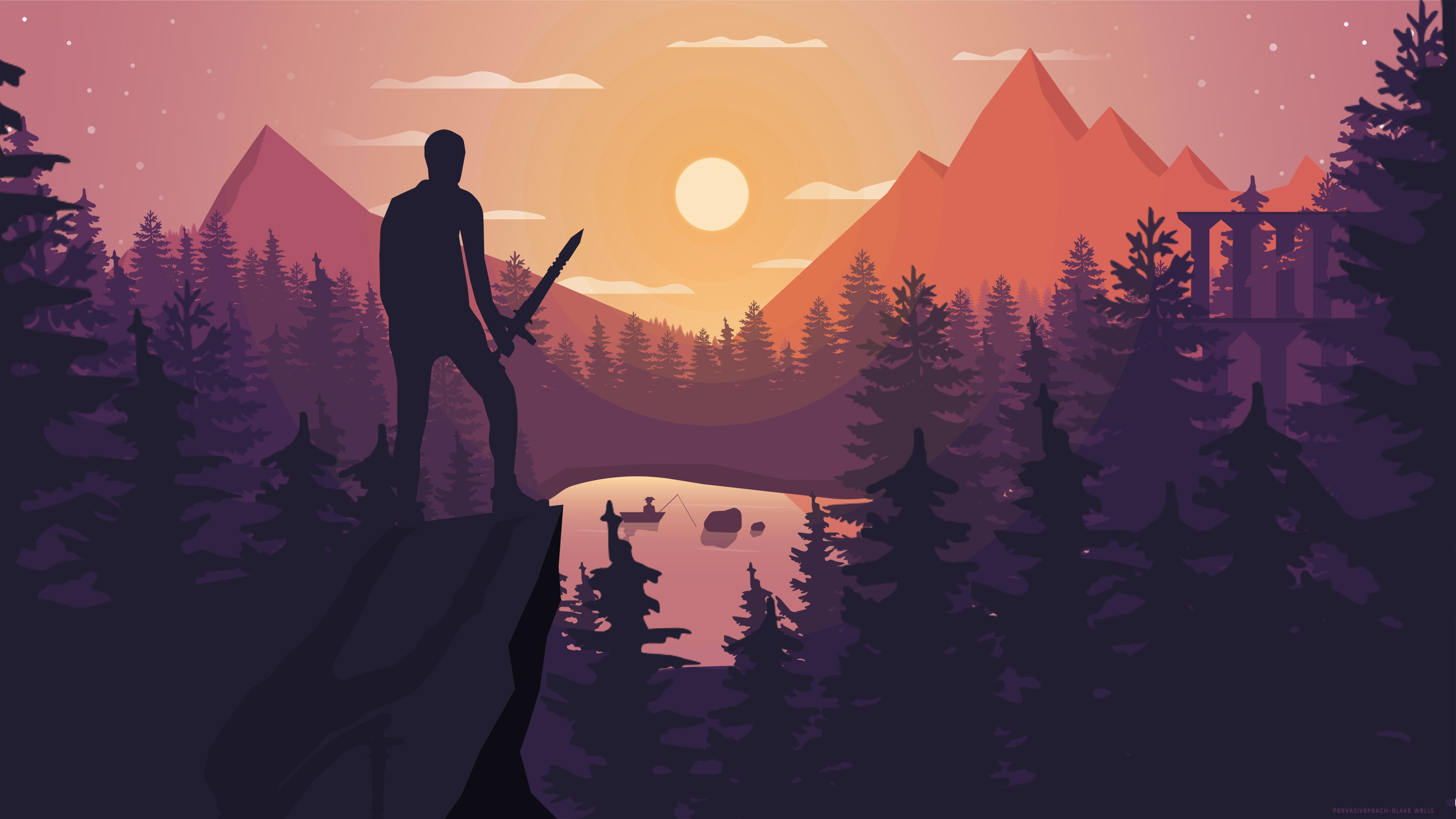 Minimalist digital art of a warrior overlooking a forest and lake HD Wallpaper