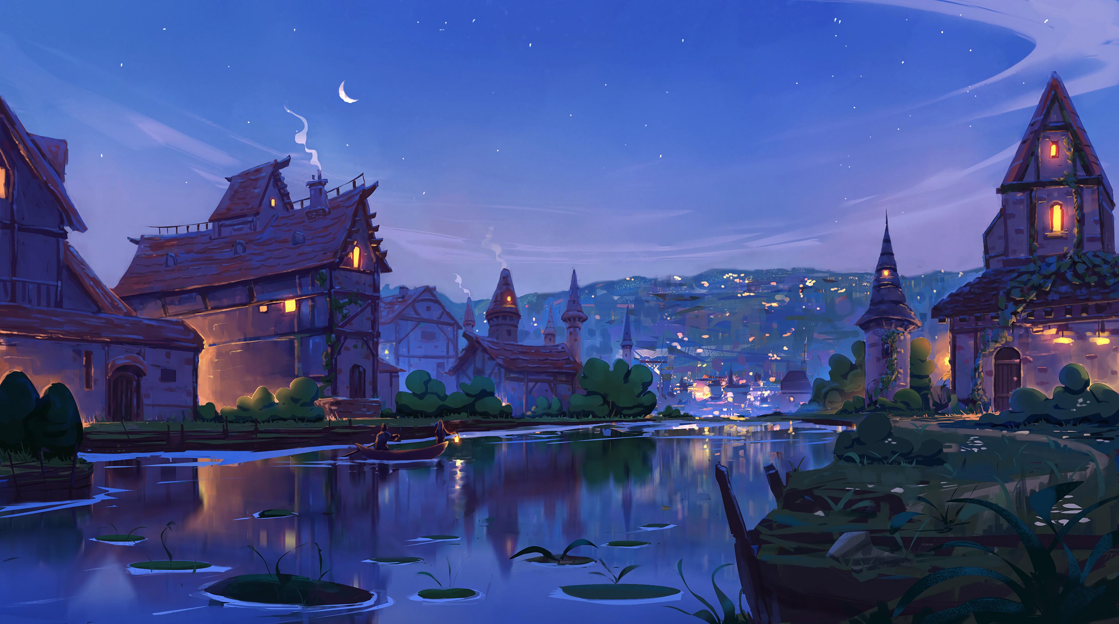 Fantasy Village by a Lake at Night HD Wallpaper