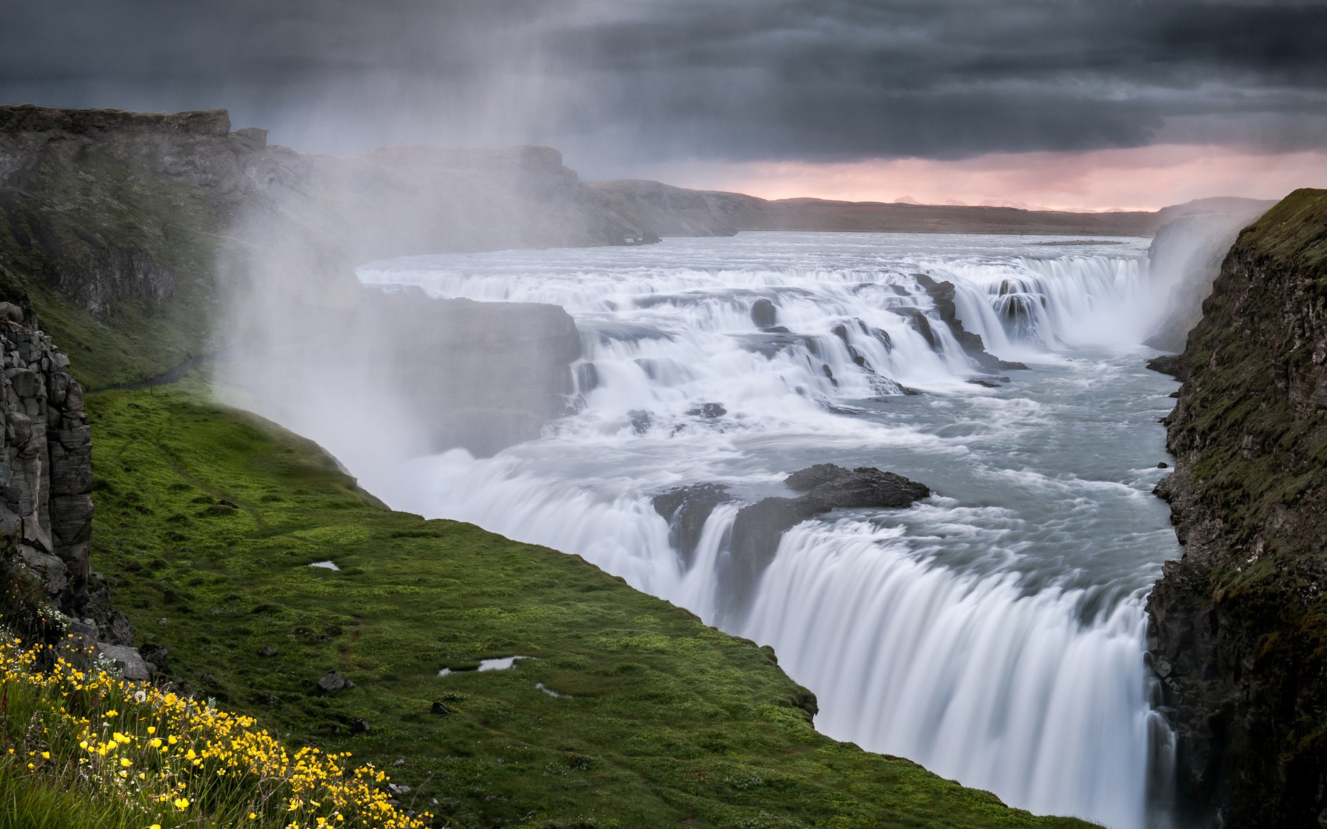 Gullfoss Waterfall in Iceland under a cloudy sky HD Wallpaper