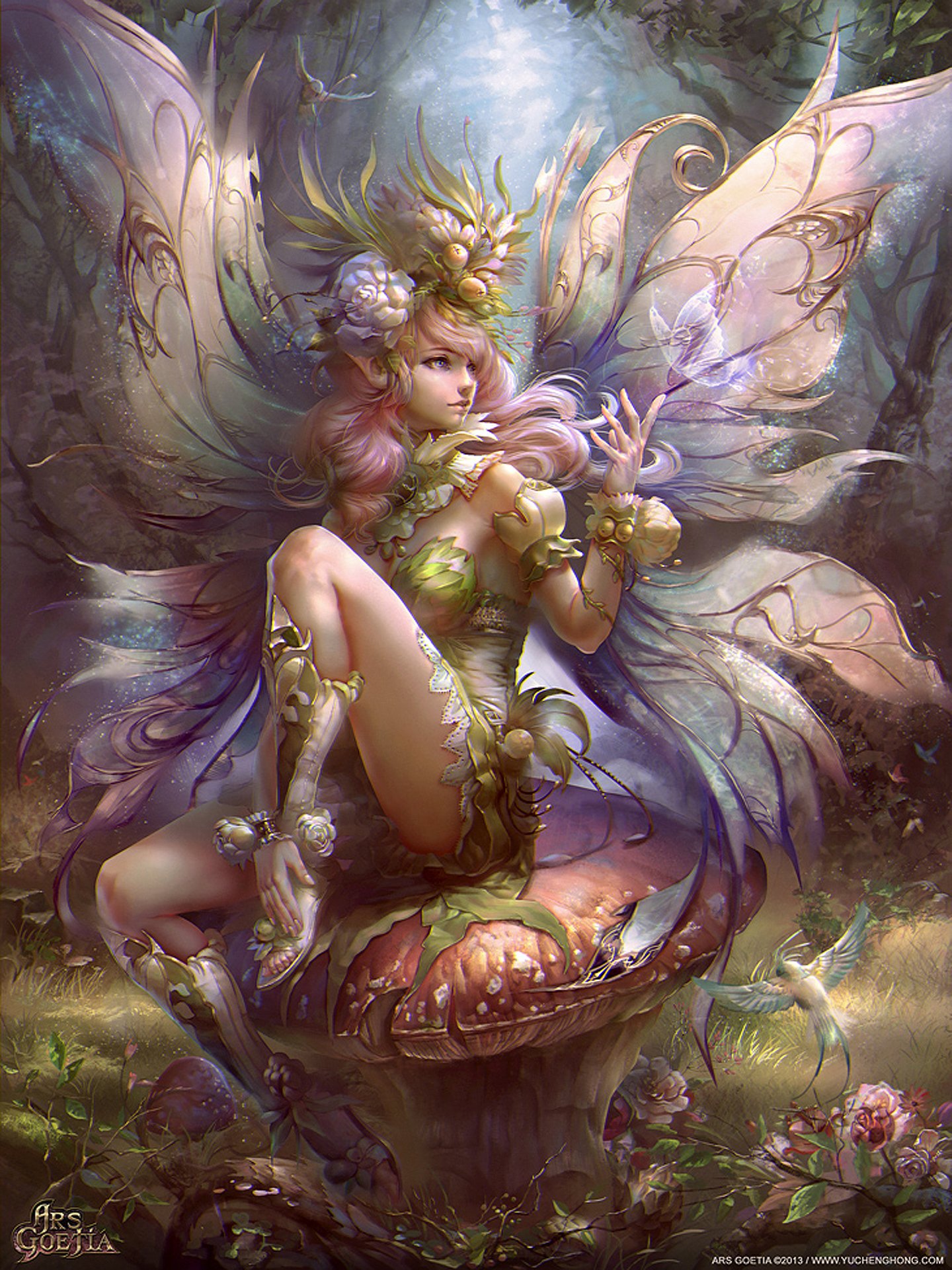 Fairy with wings sitting on a mushroom in a forest HD Wallpaper