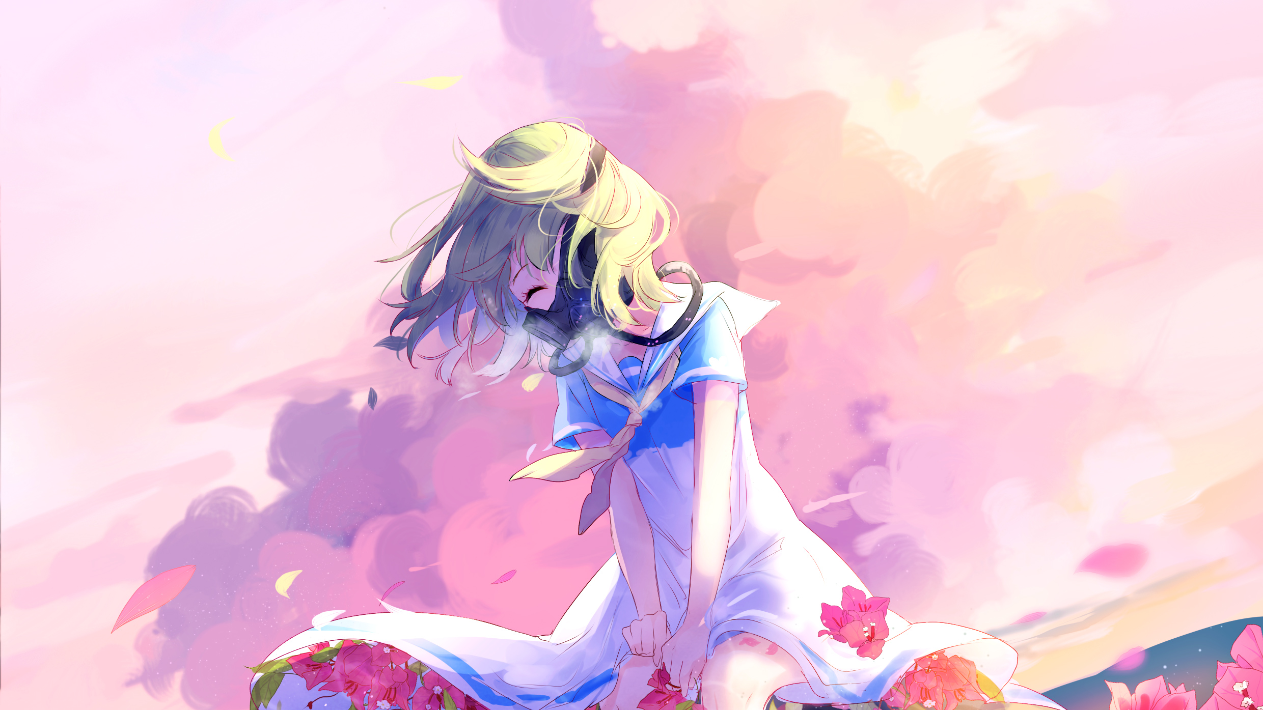 Anime girl with blonde hair and blue dress HD Wallpaper