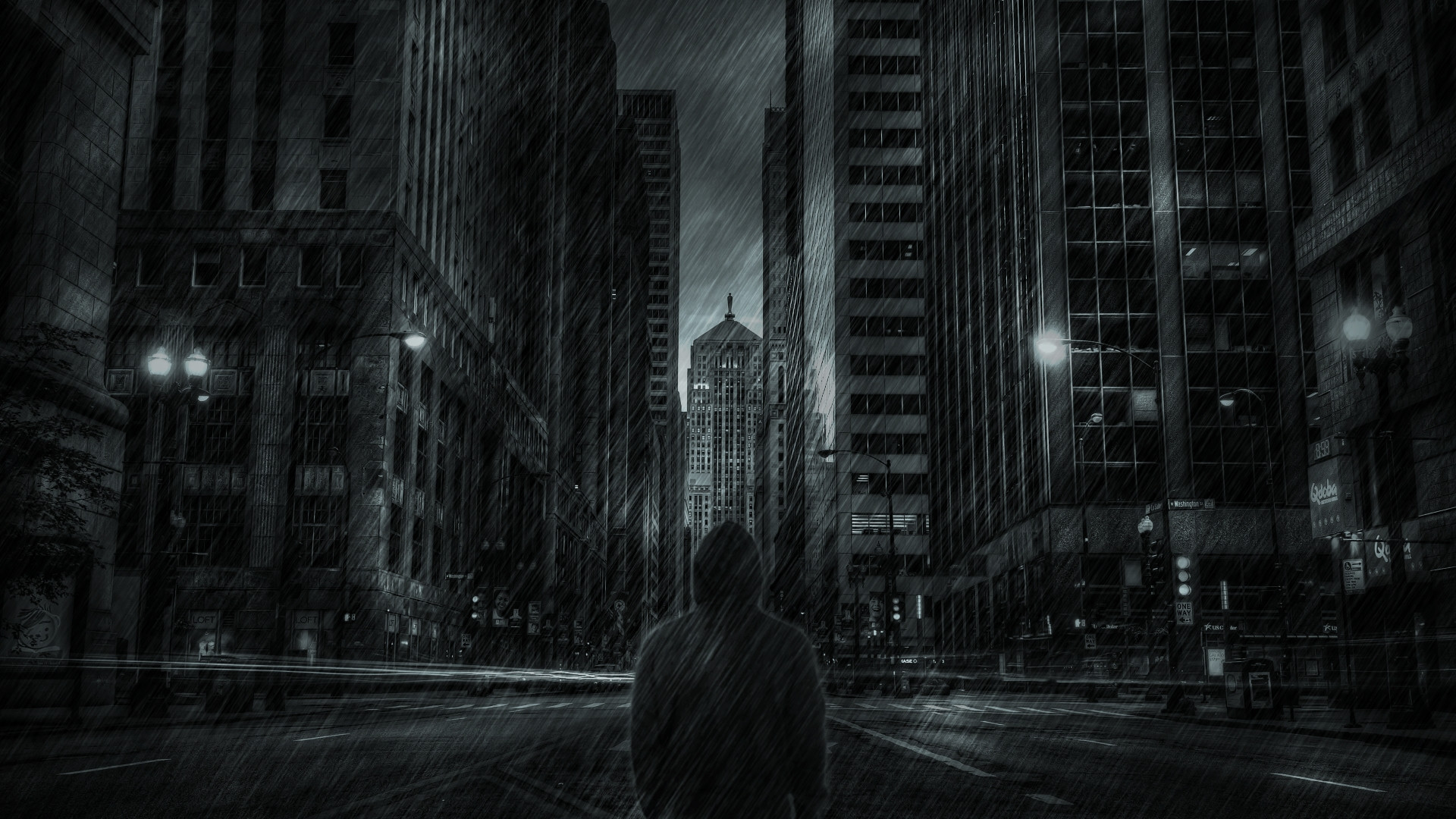 Person in hoodie standing in rainy city street at night HD Wallpaper