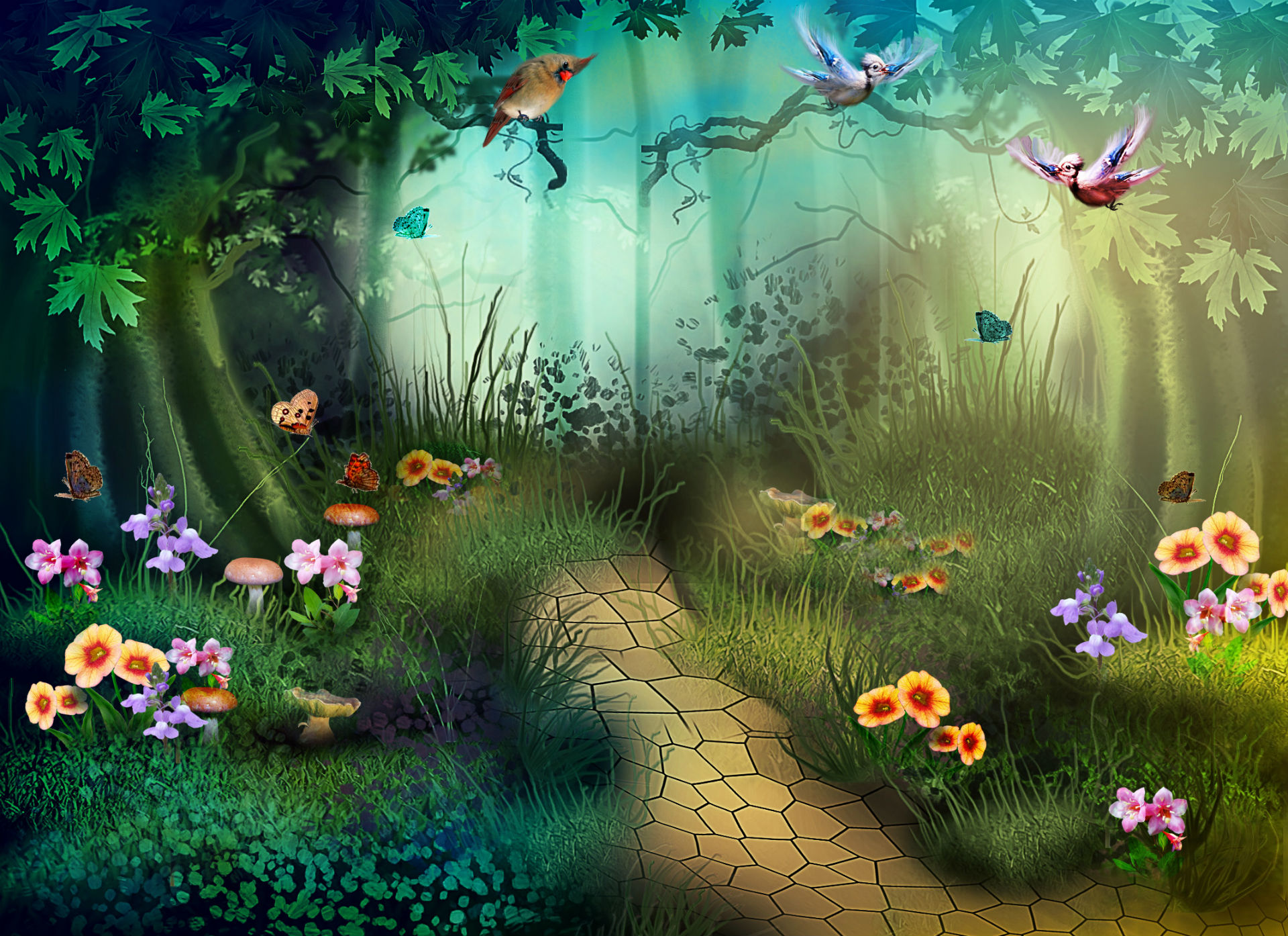 Enchanted Forest Path with Birds and Flowers HD Wallpaper