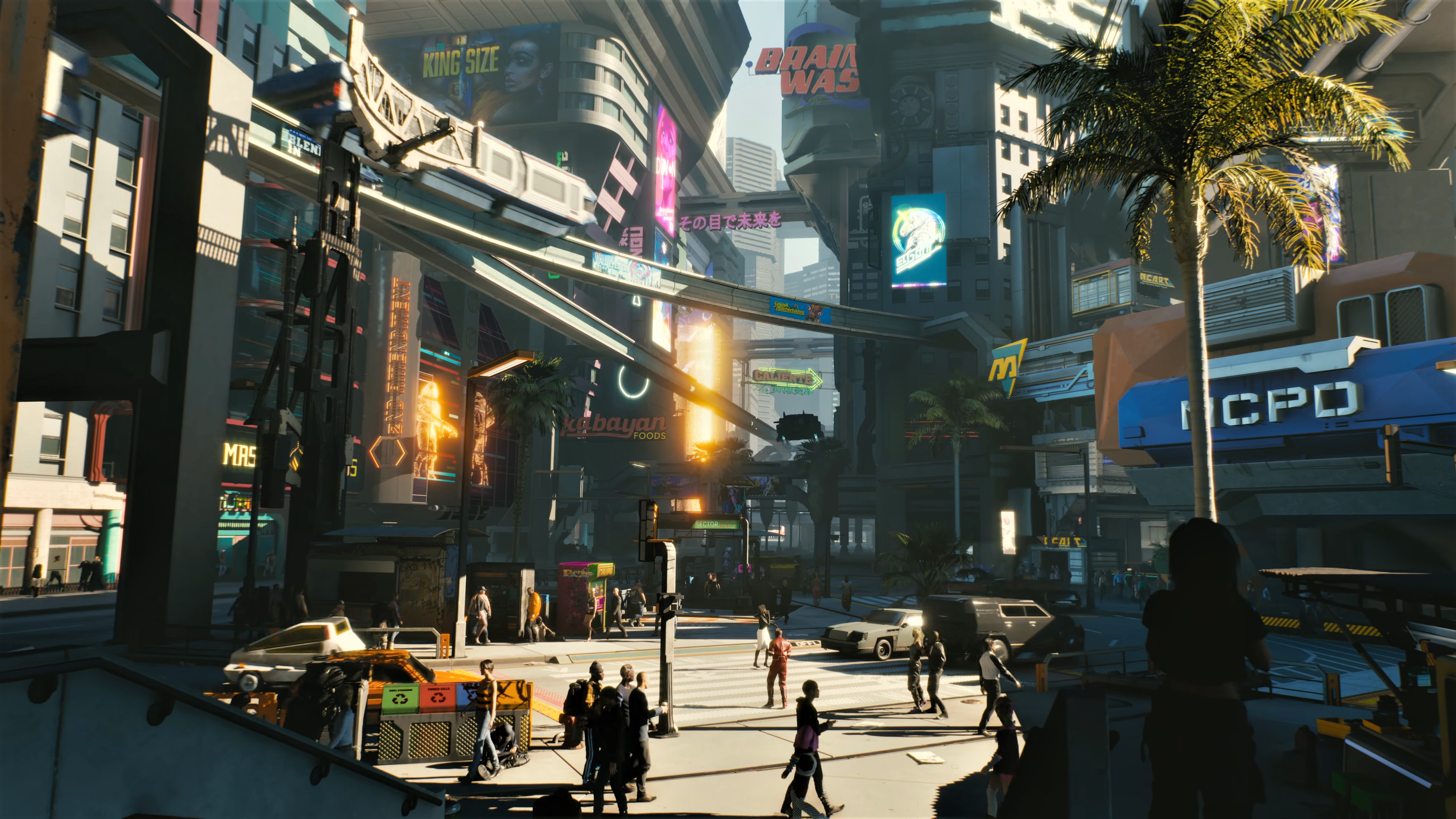 Cyberpunk city street with people and vehicles HD Wallpaper