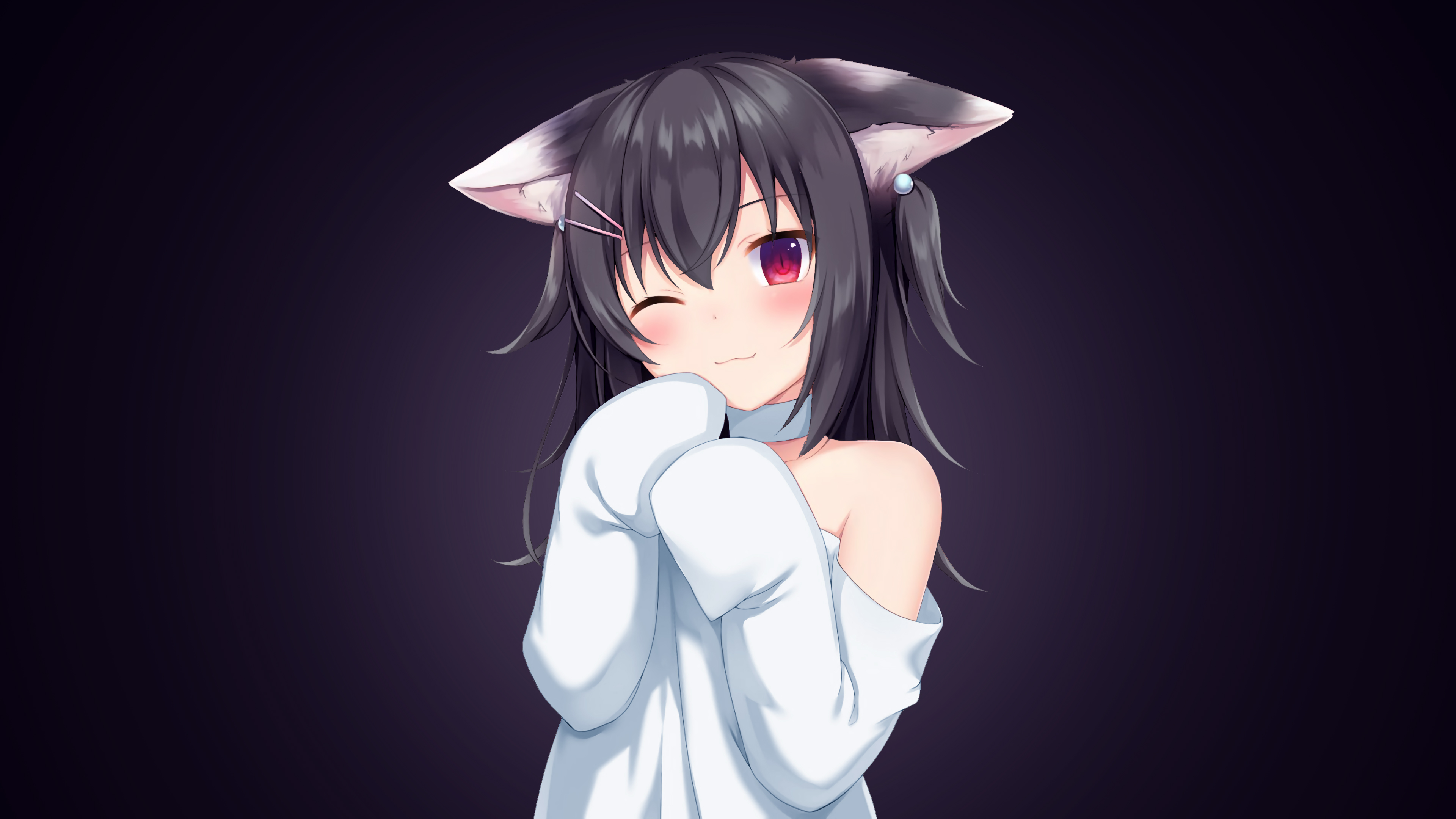 Anime girl with cat ears and purple eyes HD Wallpaper