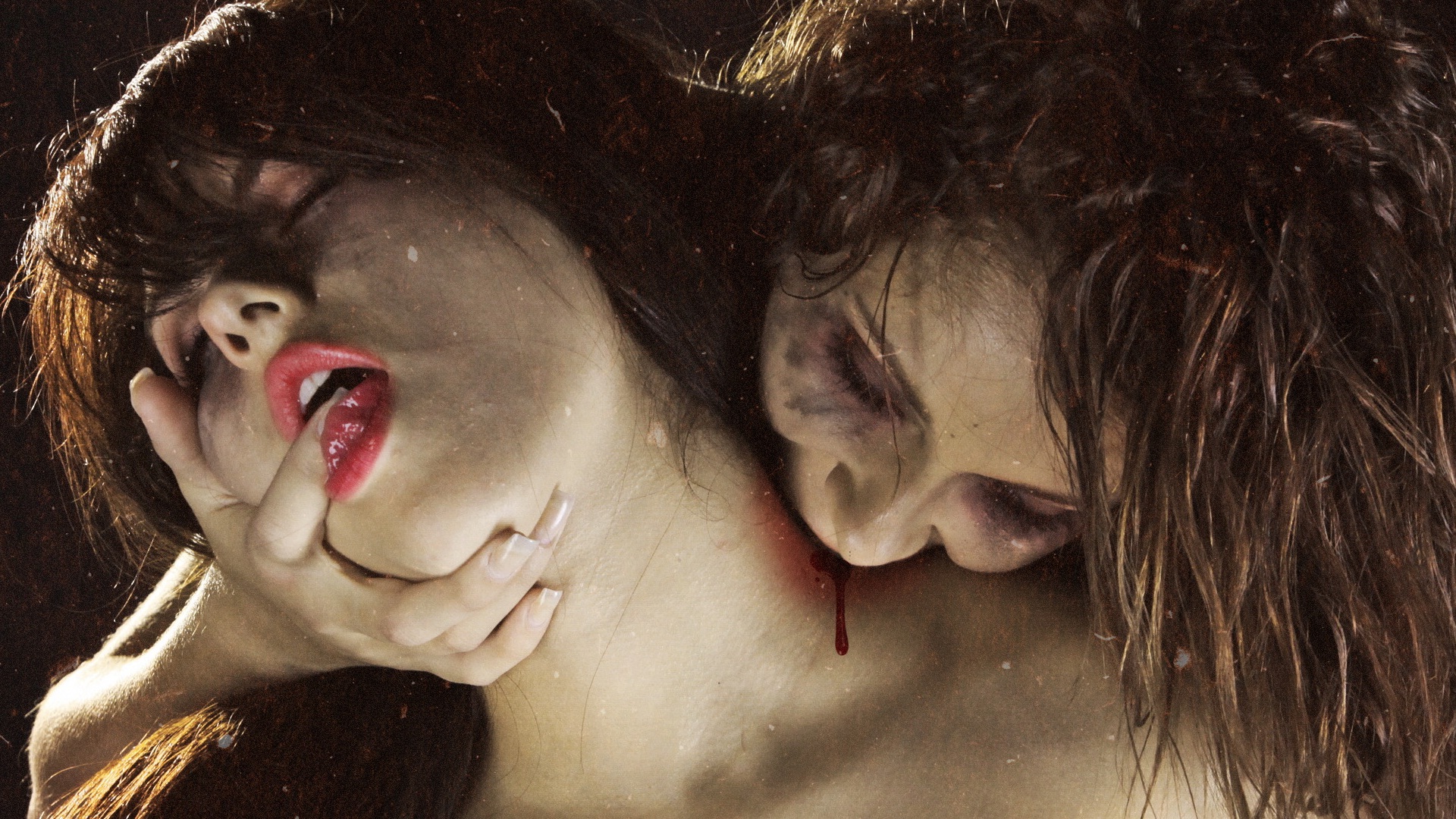 Vampire biting a woman's neck, blood dripping HD Wallpaper