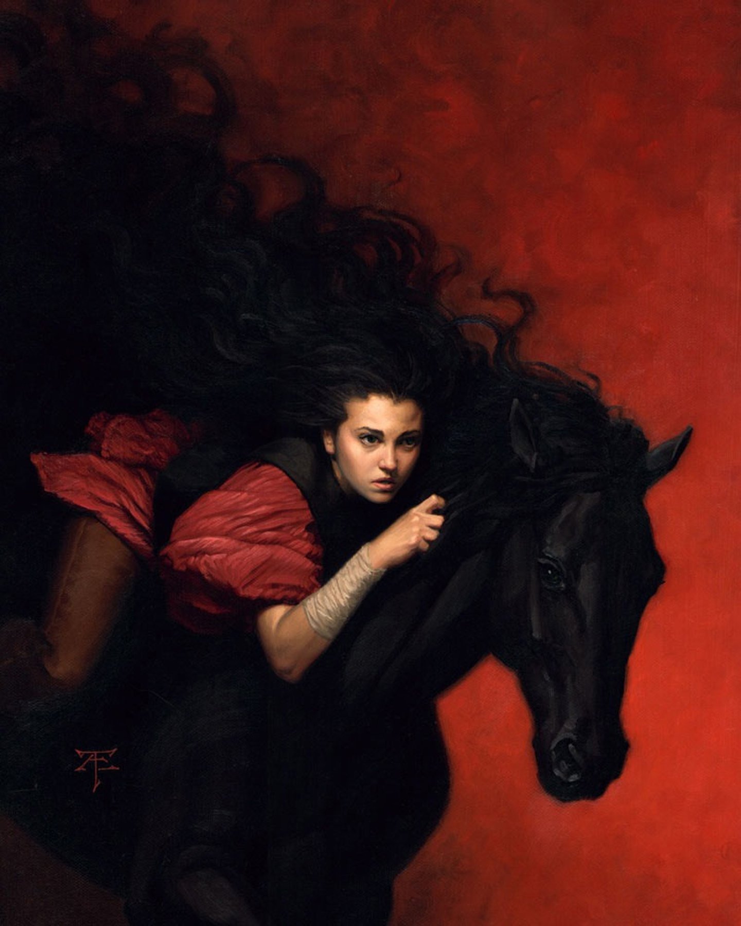Woman with long black hair riding a black horse HD Wallpaper