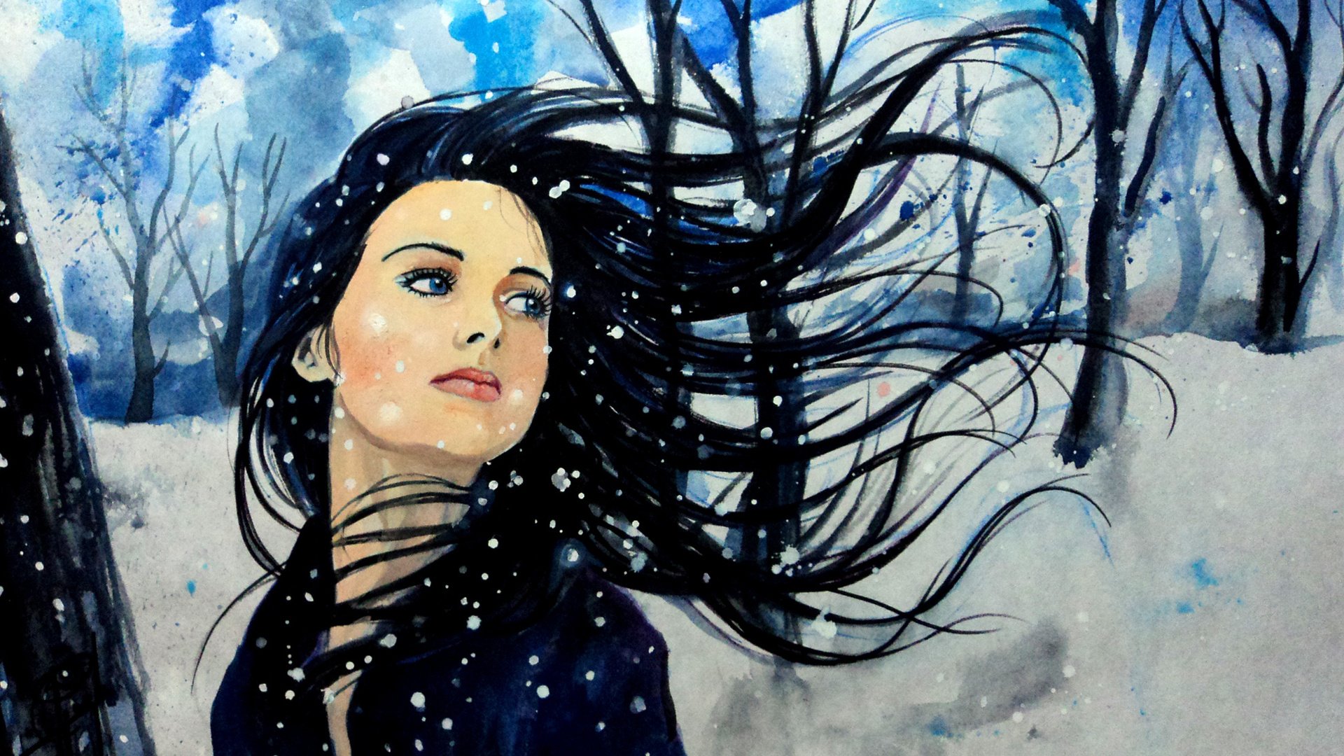 Watercolor painting of a girl in the snow HD Wallpaper