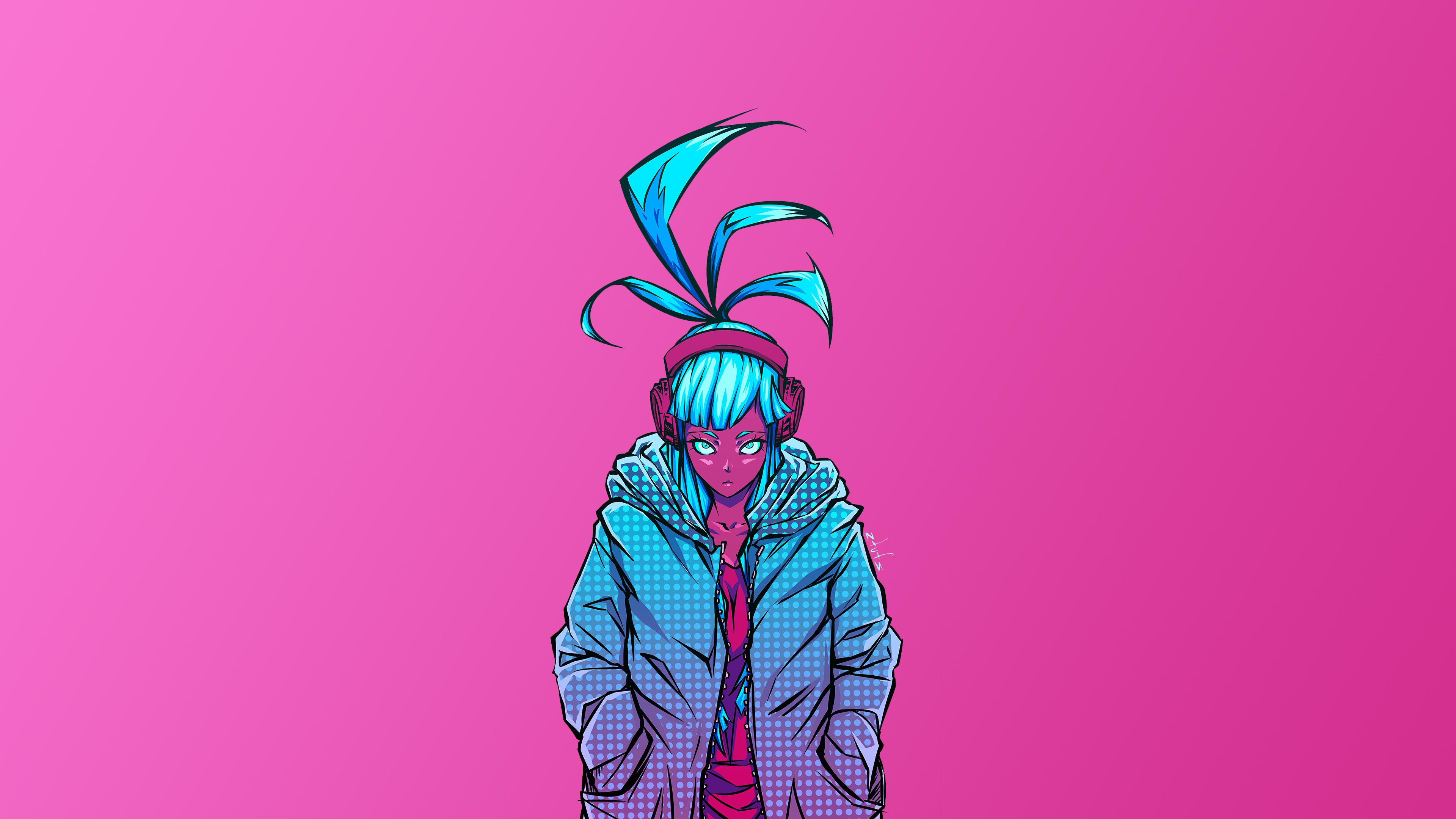 Cyberpunk girl with headphones and blue hair HD Wallpaper