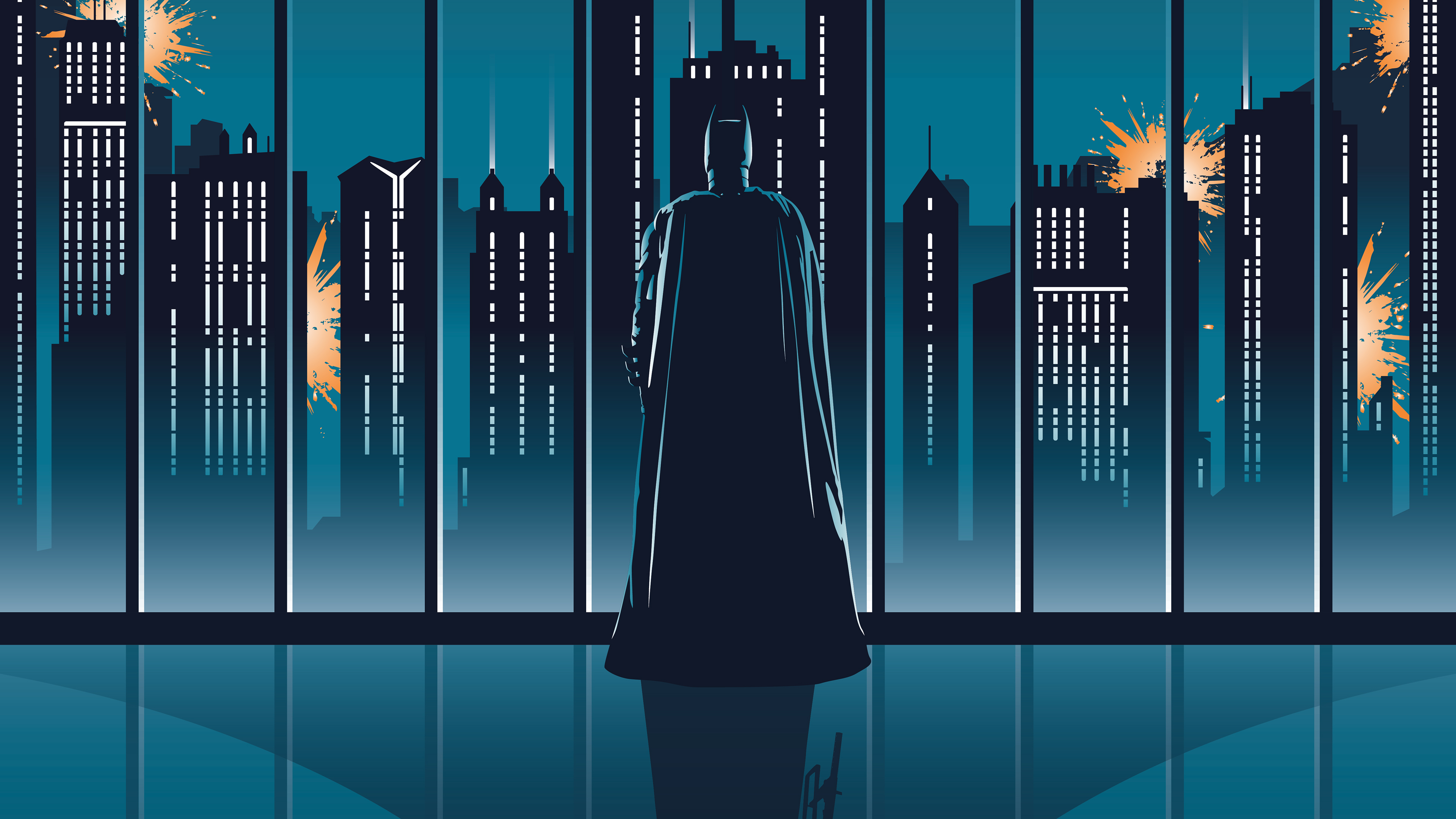 Batman overlooking a city with explosions HD Wallpaper