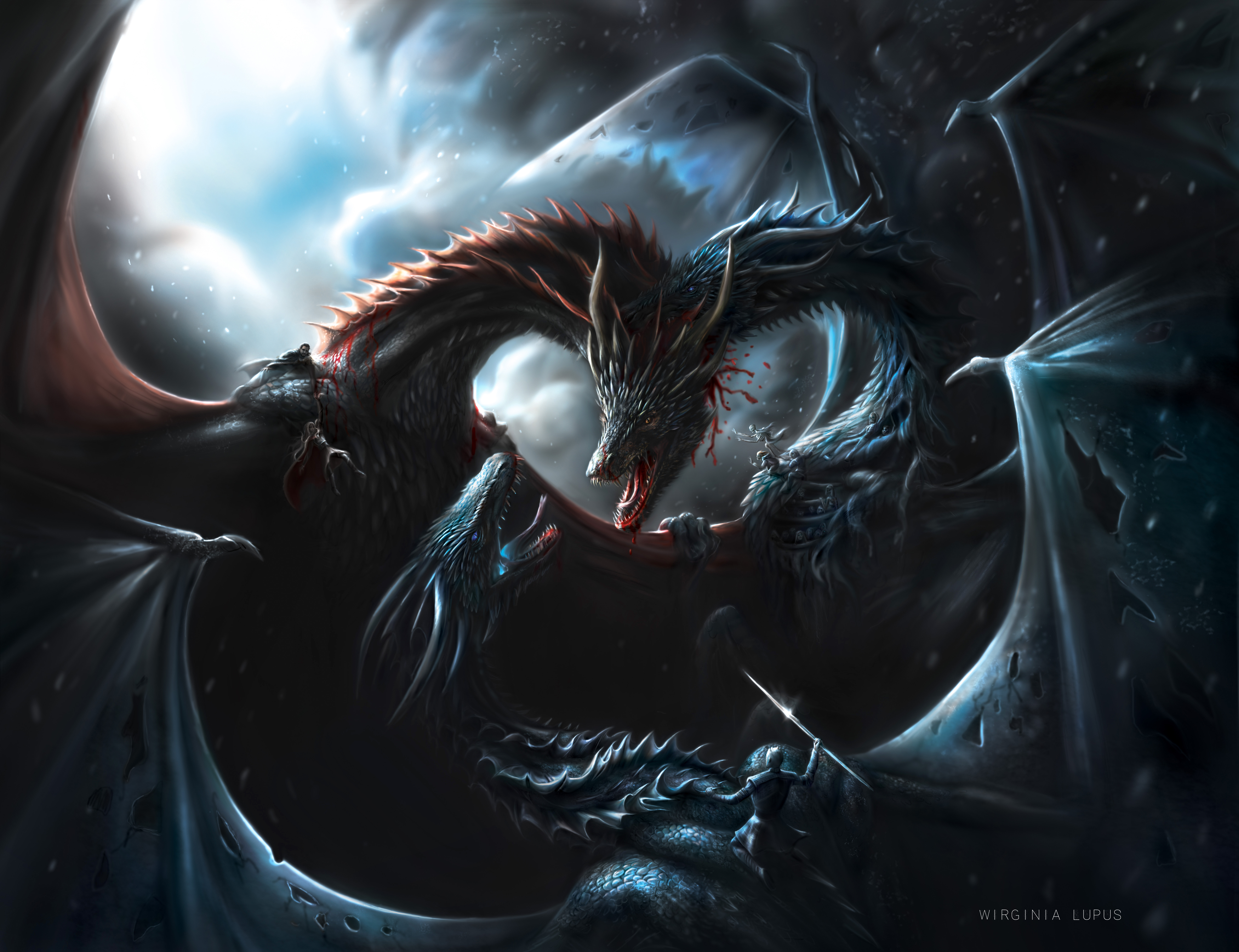 Dragons fighting in a stormy sky HD Wallpaper