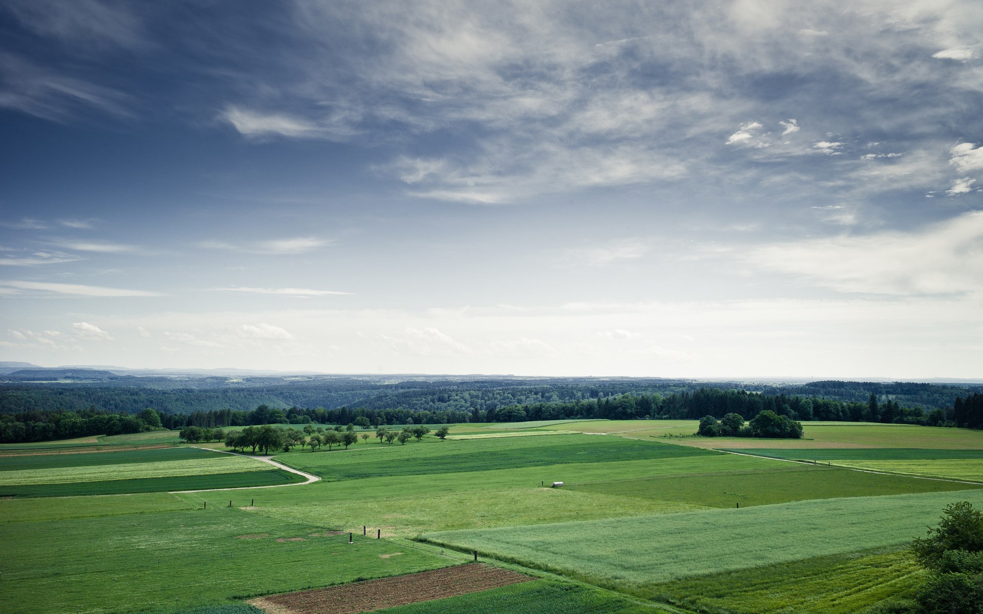 Aerial view of agricultural fields under a cloudy sky HD Wallpaper
