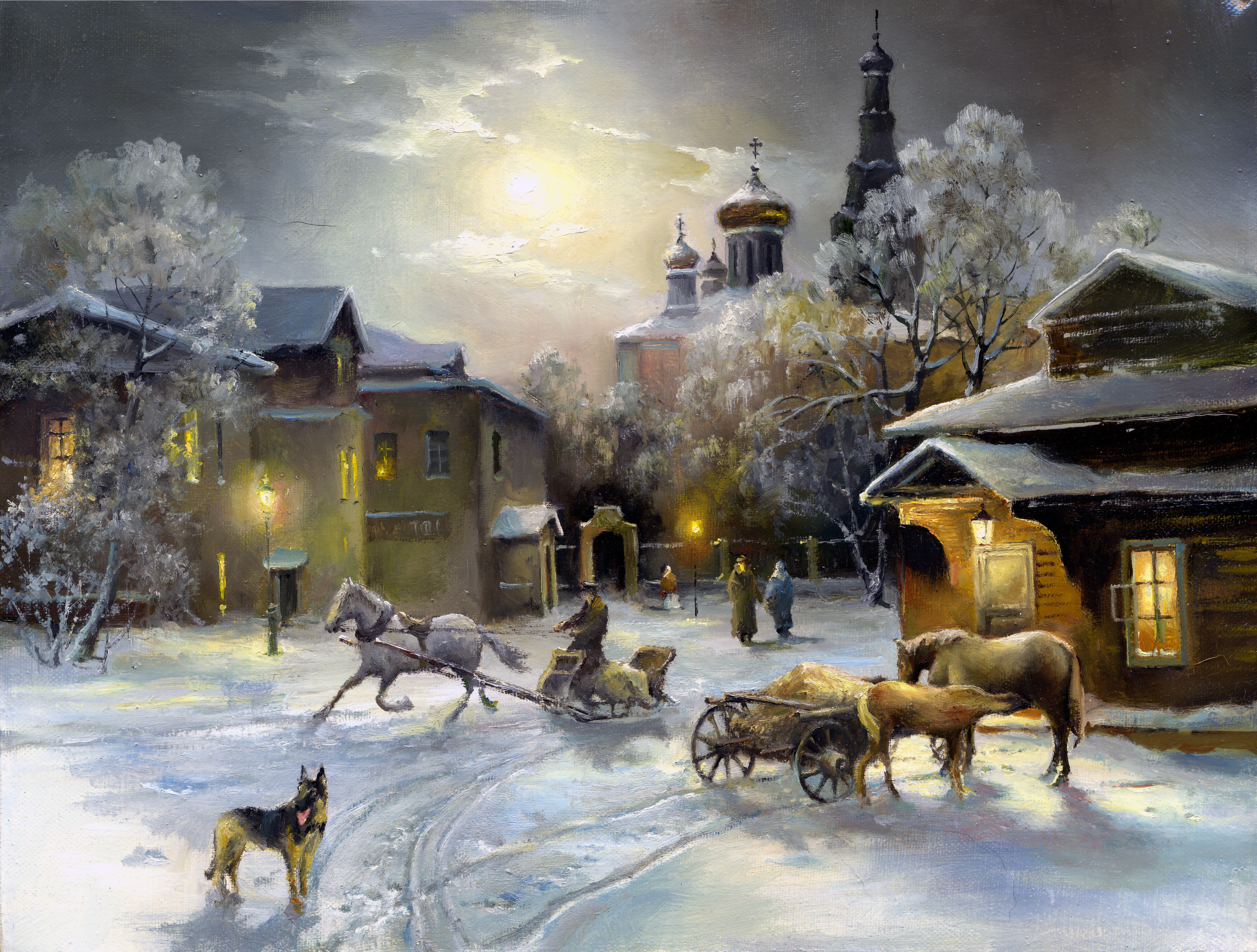 Winter Evening with Church, Horse, and Dog HD Wallpaper